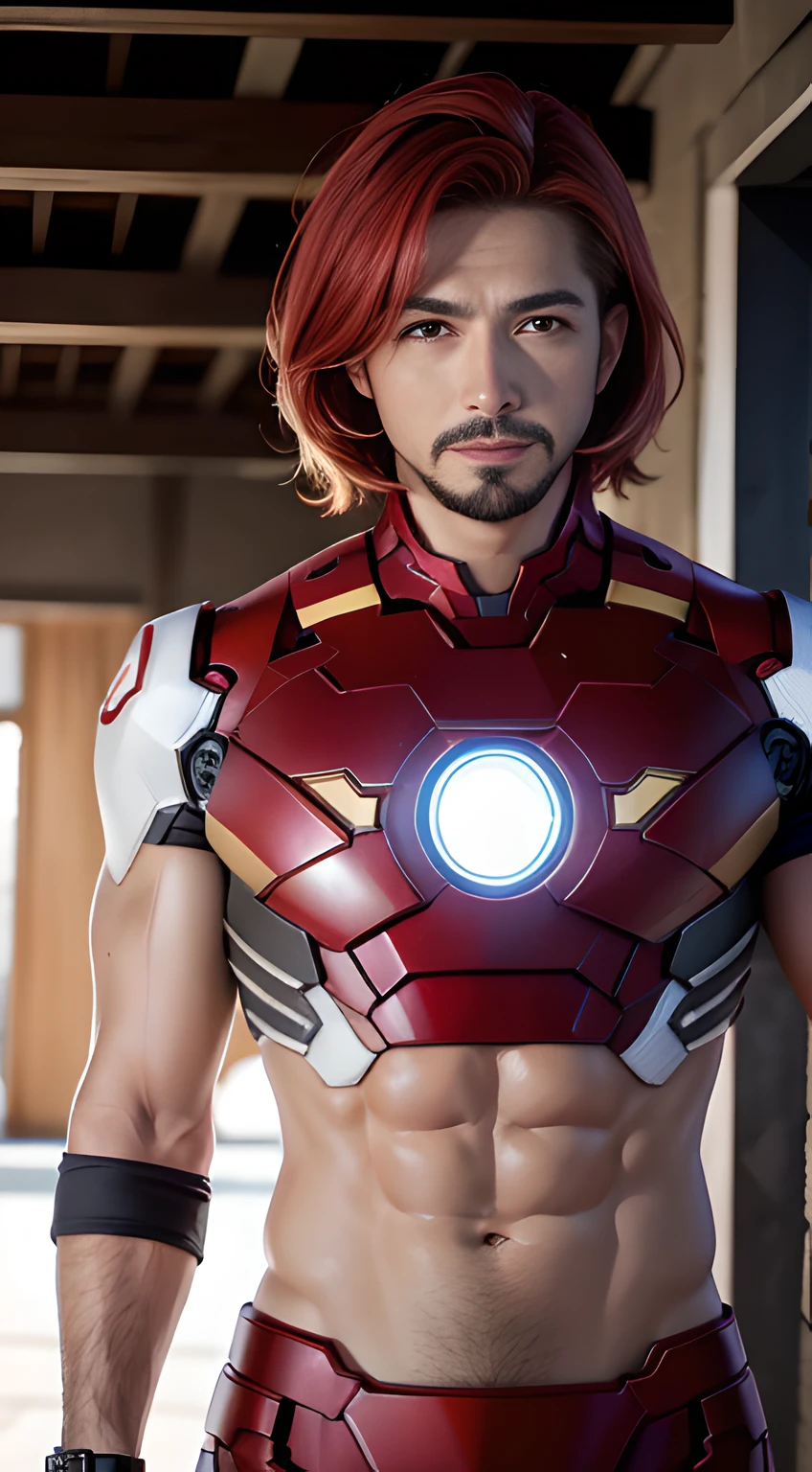 ((Men only)), (head shot), ((showing his abs)), (Handsome muscle man in his 10s), (smile), (IRON MAN), (Johnny Edlind), (red hair), (detaile: 1 in 1), Natural muscles, HIG quality, beautidful eyes, (Detailed face and eyes), (Face、: 1 / 2), Noise, Real Photographics、... ..................................................................................................................PSD, Sharp Focus, High resolution 8K, realisitic & Professional Photography, 8K UHD, Soft lighting, High quality, Film grain, FujifilmXT3