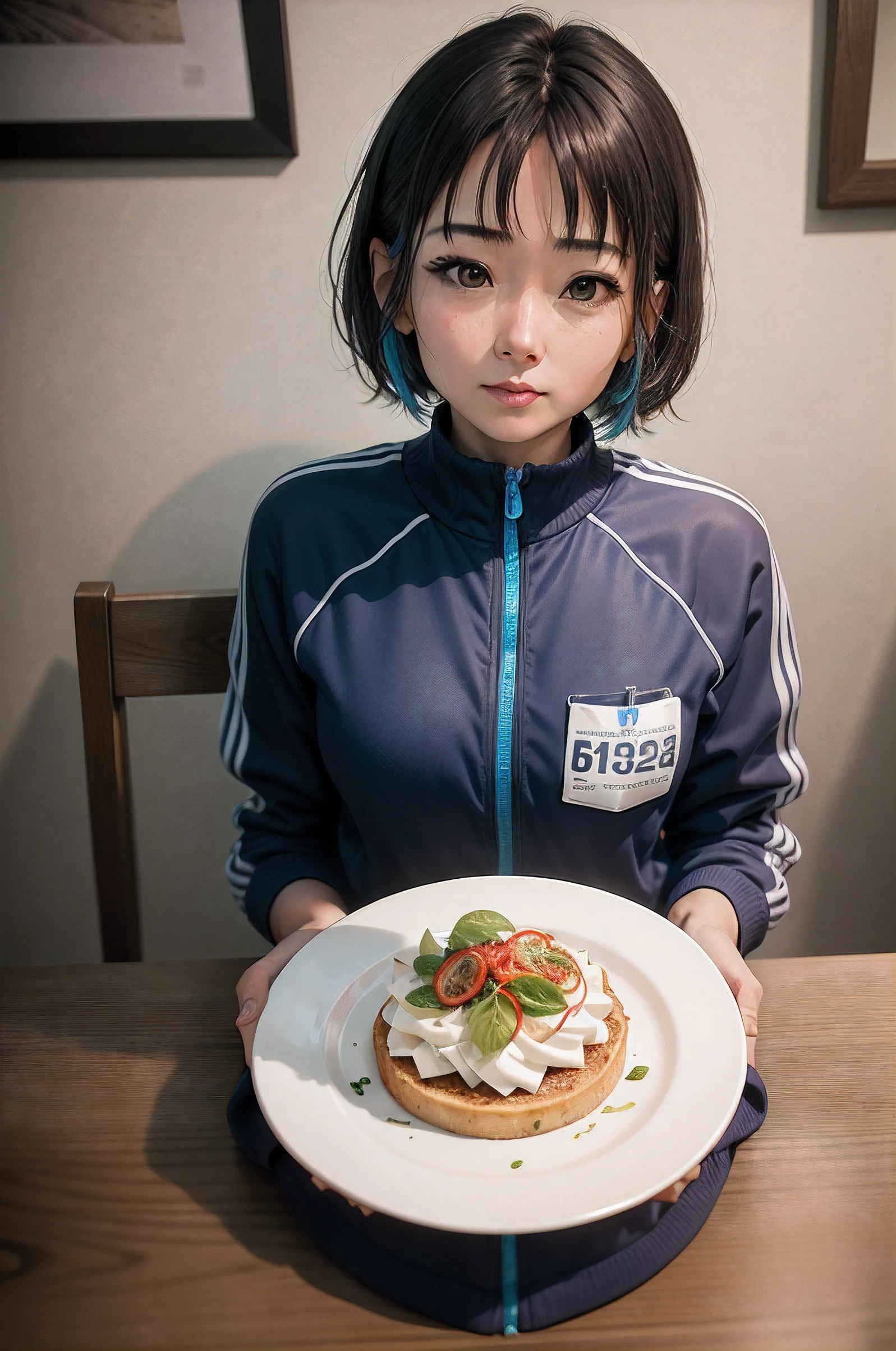 there is a woman sitting at a table with a plate of food, chiho, 奈良美智, she is about 3 0 years old, she is about 30 years old, she is about 2 , Ayami, deayami kojima, 1girl in, Beautiful, blue hairs, short-haired, Sportswear, professional photograpy, Ultra HD | | | | | |, nffsw,
