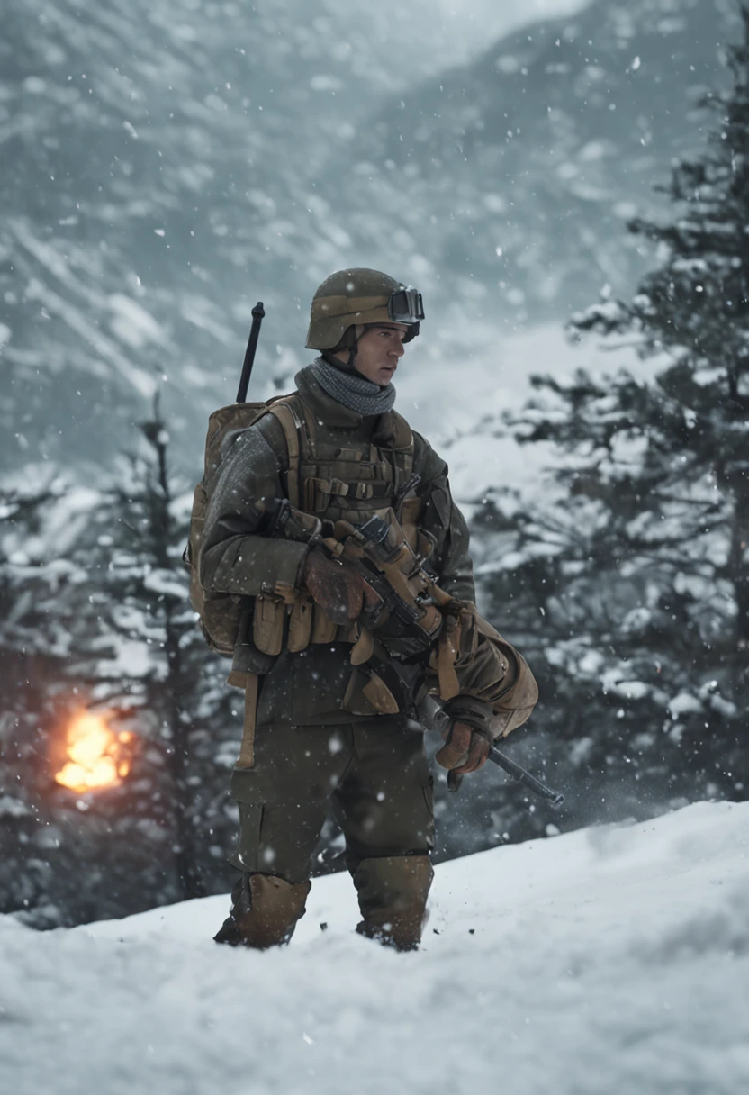 snow field,Thin male soldier,15year old