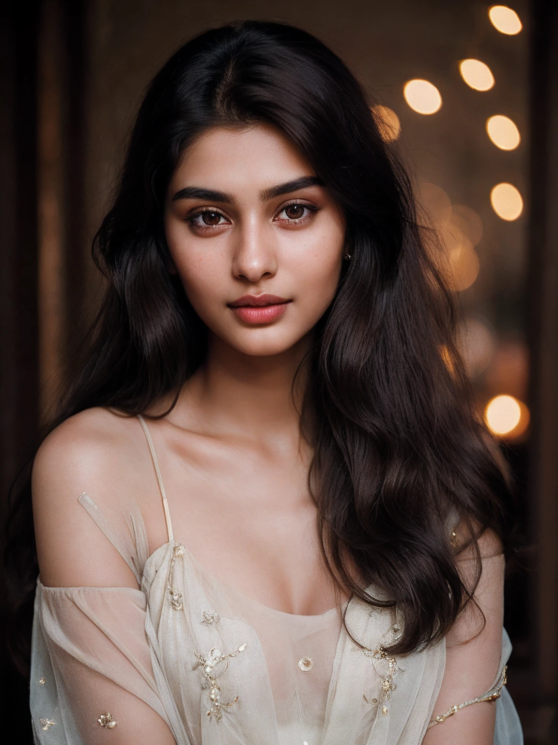 Beautiful ,23 years young girl,confident looking,8k,realistic,dark brown hair,fair skin, indian,long hair,clear facial features,more realistic confident