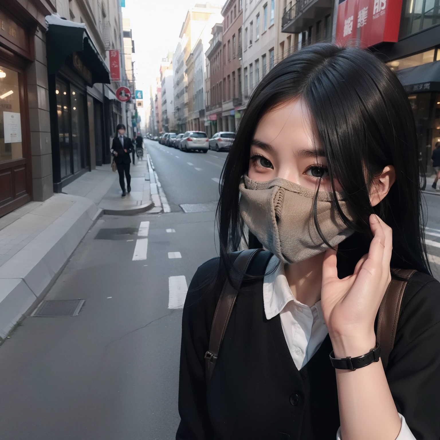 girl in a street,There is a girl with black hair. Wearing a school uniform covering her face