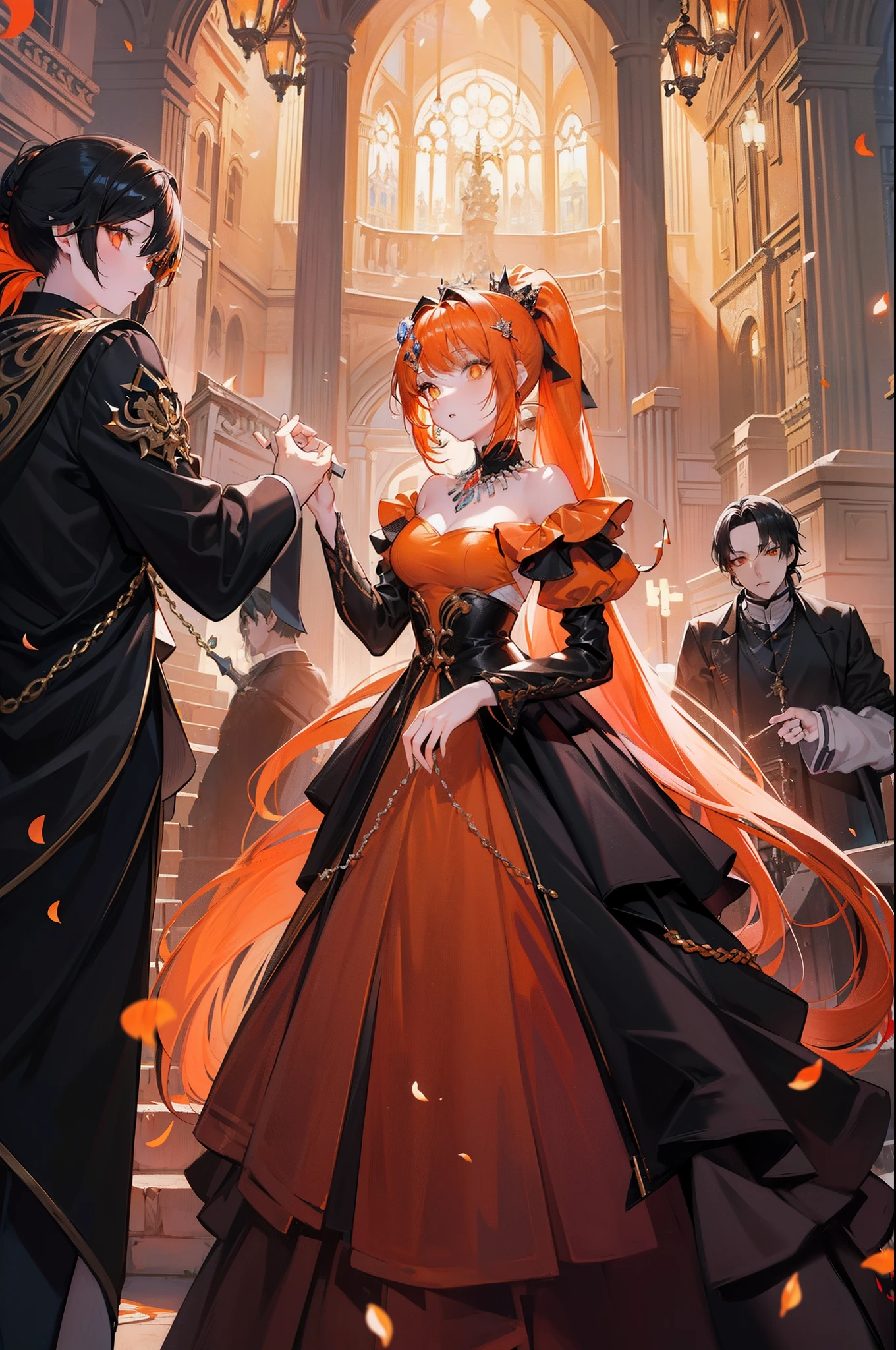 Anime,masterpiece, highlydetailed, ultra-detailed, 1girll,pale skin, sparkling organs eyes, black hair, (long ponytail : 1.2), long hair, (orange hair accessory : 0.7), amber eyes, (beautiful girl), bangs, princess hairstyle,flowing black hair, elegant dress, diamond necklace,