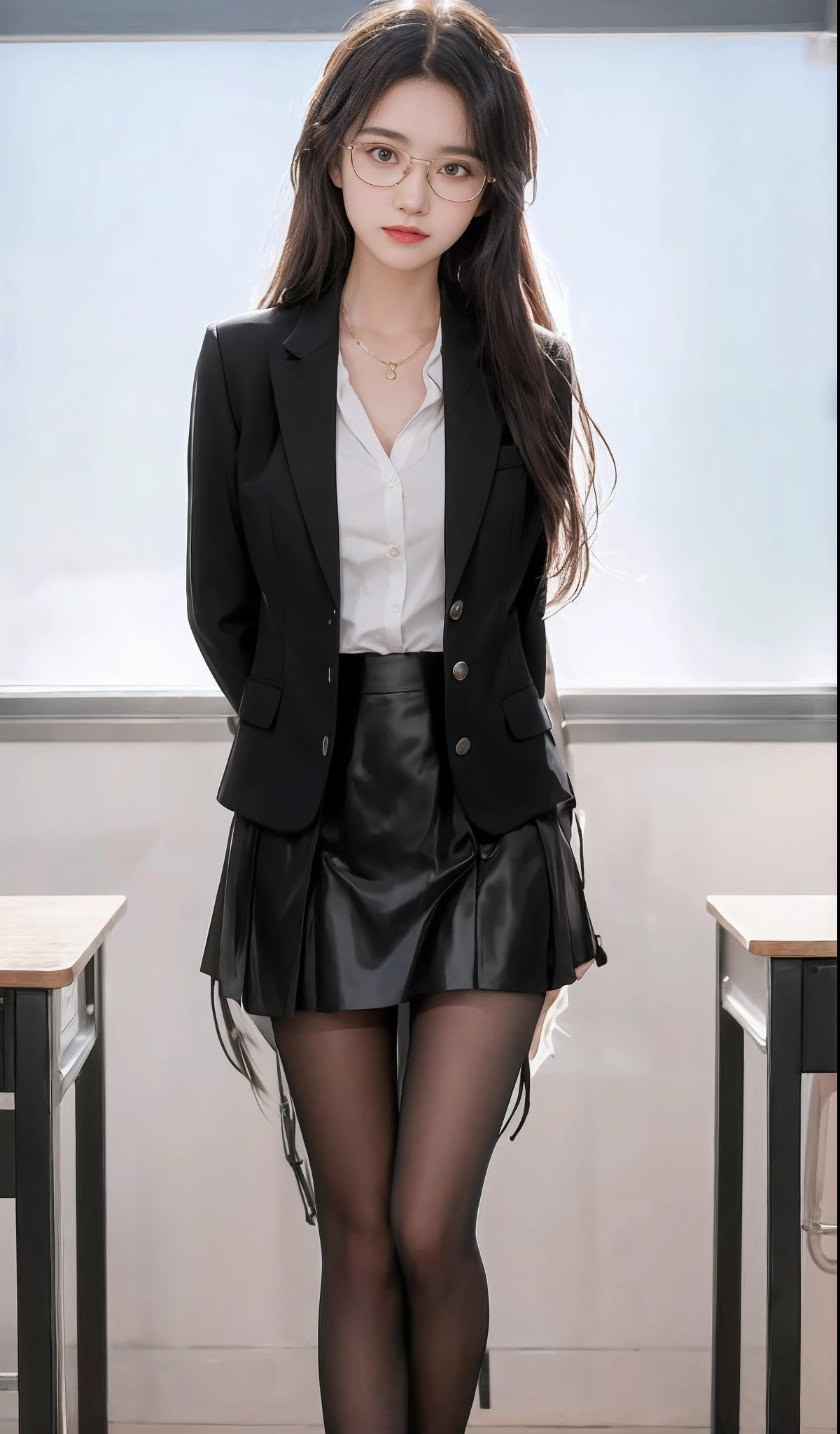 Close-up of a woman in a skirt and jacket posing for a photo, wearing jacket and skirt, JK school uniform, office clothes, Magical school student uniform, wearing a black noble suit, wearing a strict business suit, short skirt and a long jacket, girl in a suit, black leather slim clothes, business outfit, magic school uniform, school uniform, Girl in suit,wears glasses
