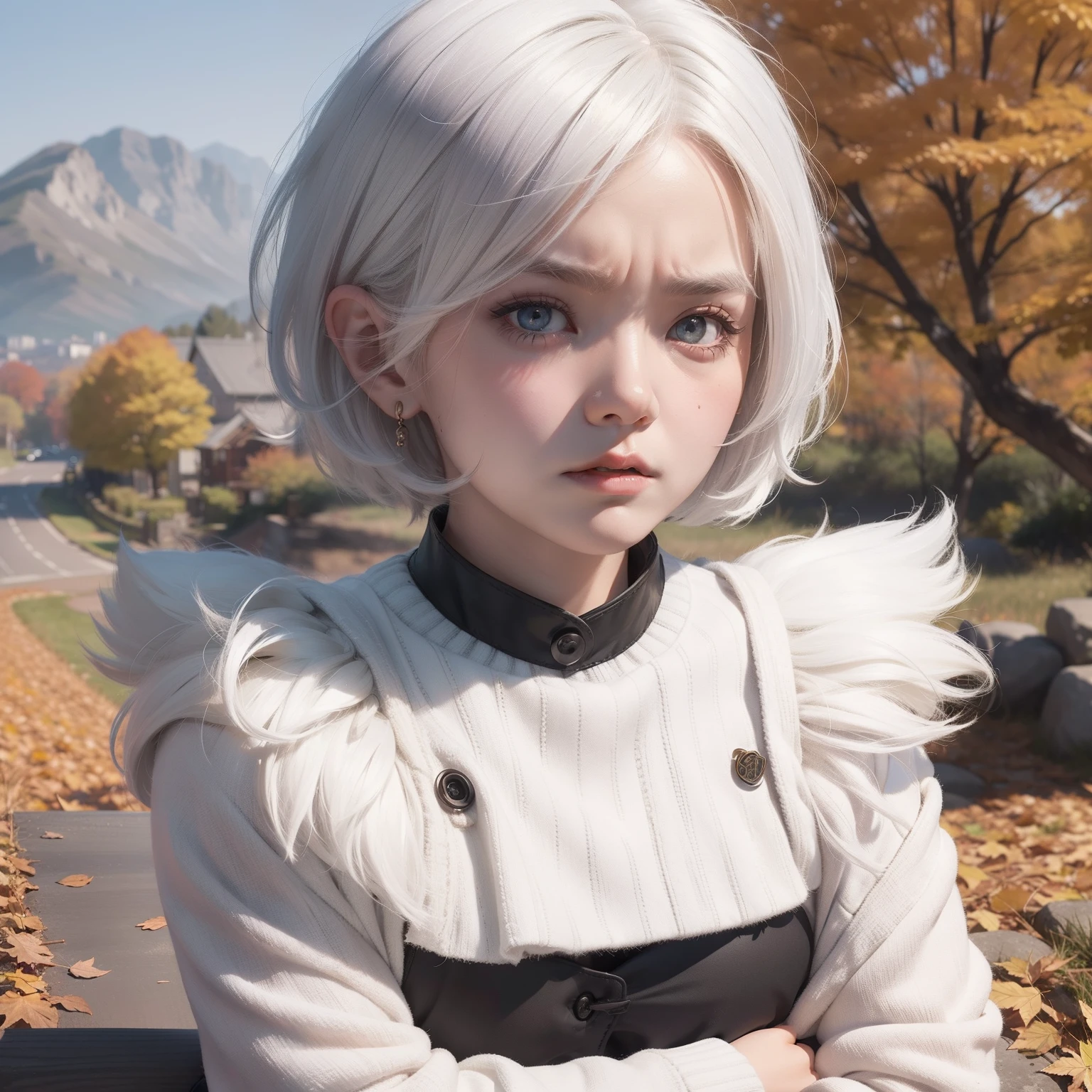 Very short hairstyle、Little fat girl、white hair、short-haired、A little angry face、Grumpy face、Autumn landscape、Hair illuminated by the sun、