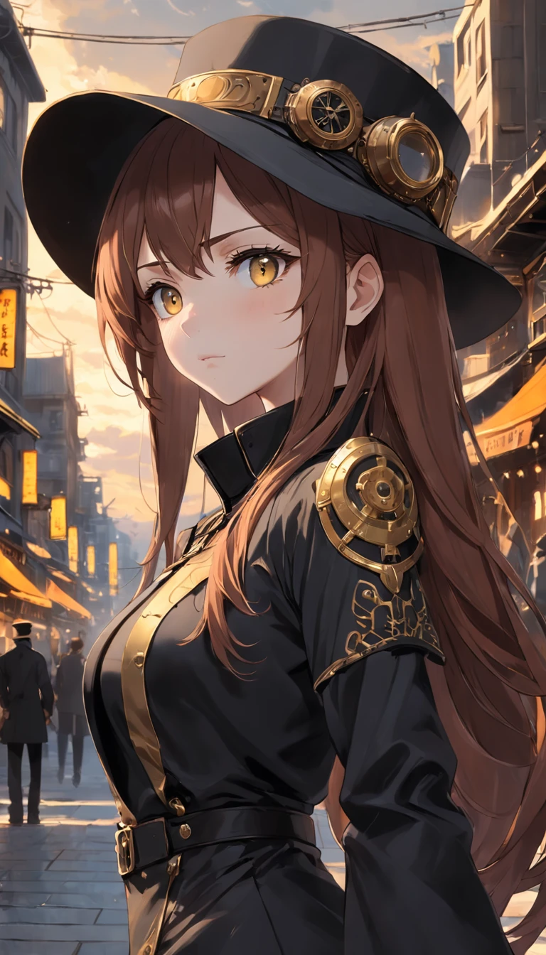 Beautiful woman, bright gray eyes, auburn hair, black clothes with gold trim, black hat, steampunk, rustic city background, golden sky, hyper realism, cinematic, photorealistic, 4k