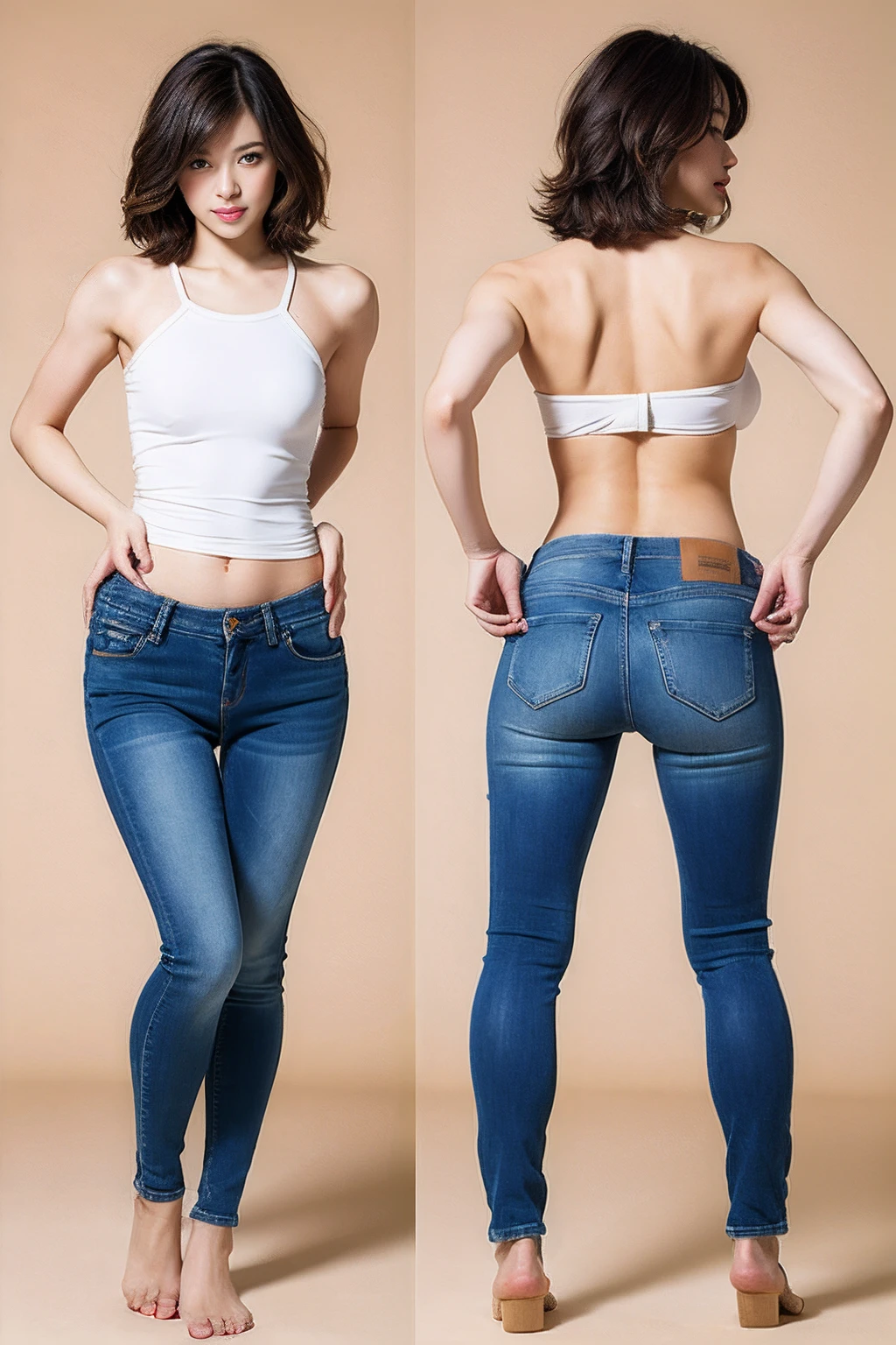 (masterpiece), (top-quality), Photorealistic, photorealisim, fullllbody、a picture, 1girl in, short curled hair、独奏, extemely sexy、Very small buttocks、Sticking out the buttocks、Very tight jeans、hair messy, face perfect, perfect bodies, Good anatomy, president’s office、film like