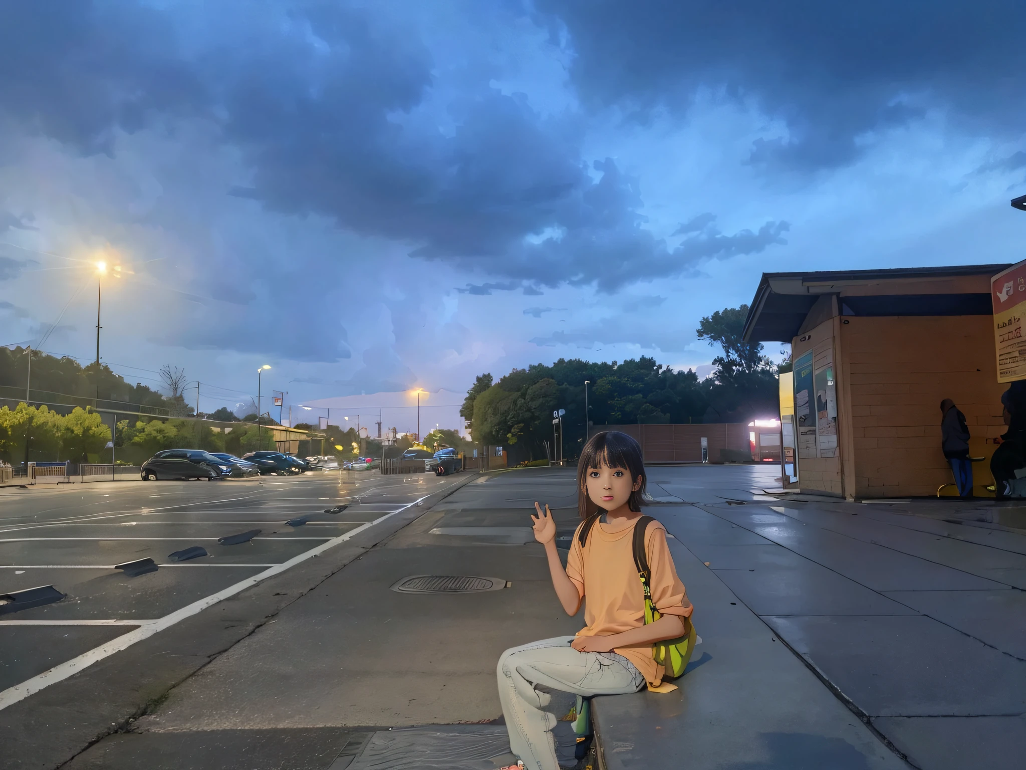 There was a young girl sitting on a bench in the parking lot, With sunset, standing in a parking lot, At sunrise, sat on the ground, at the parking lot, Student, Parking outside, at evening during rain, lone girl waiting for the train, with lightning, late sunset, shot on iphone, with a sunset