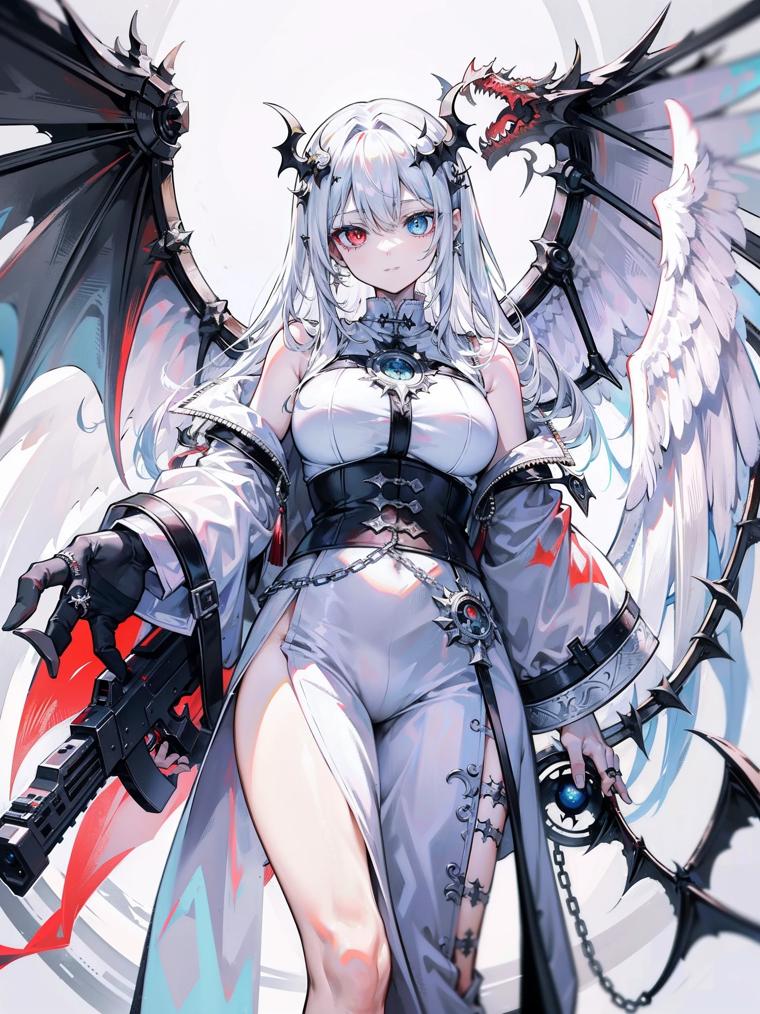 Monster angels that look sacred，His eyes are waiting for heterochromia，His whole body consists of a huge one-eyed eye，and a metal ring around one eye，The ring is crawling with the eyeball，The dragon has many wings on the white holy angel,Eta、I have a machine gun in my hands。