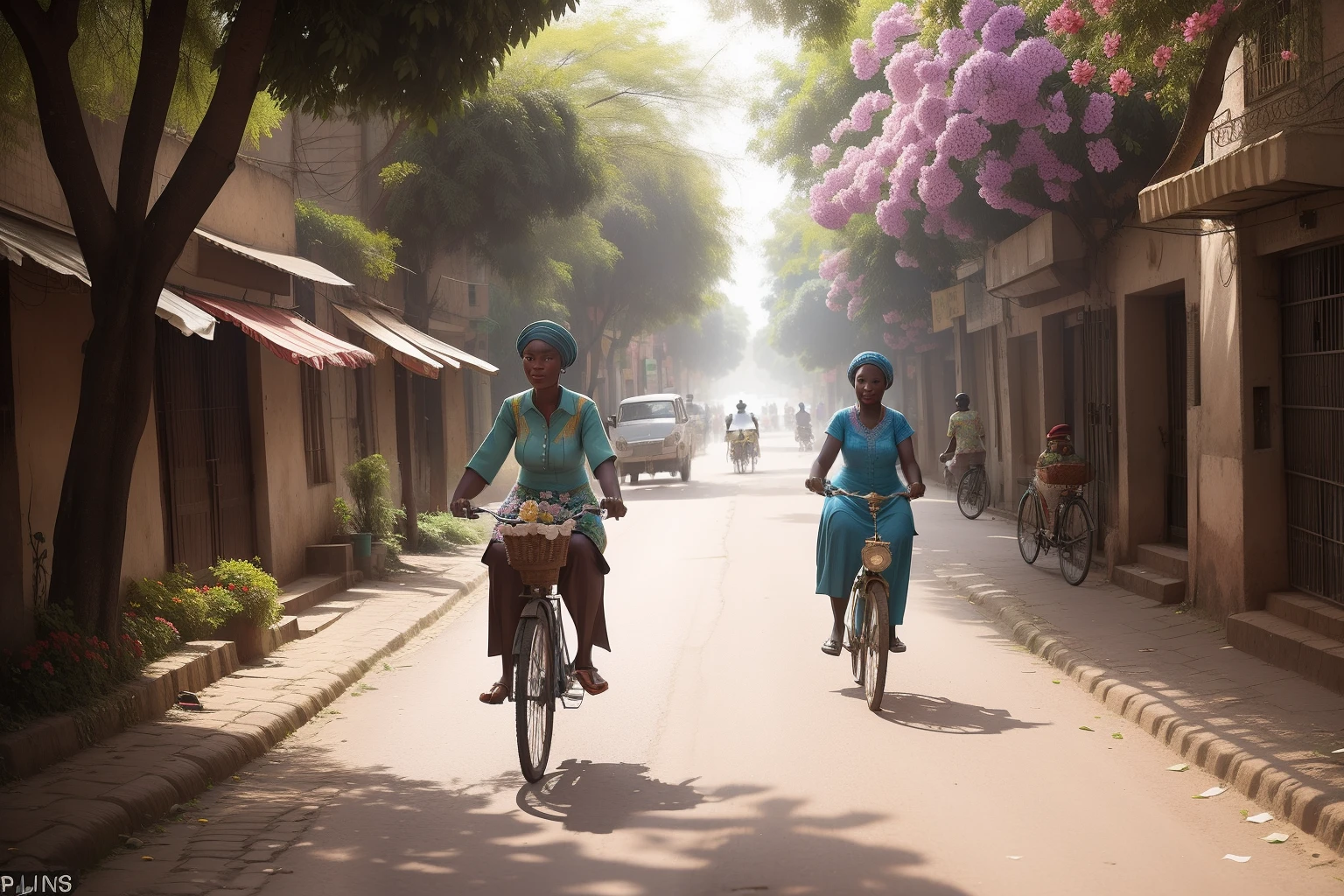 Year: 2013
Country: Nigeria
Description: In the bustling streets of Abuja, an adult woman with a vintage bicycle decorated with flowers and streamers pedals gracefully through the city. The sunlight filters through the trees, casting dappled shadows on the cobblestone path, as she navigates the urban landscape.
