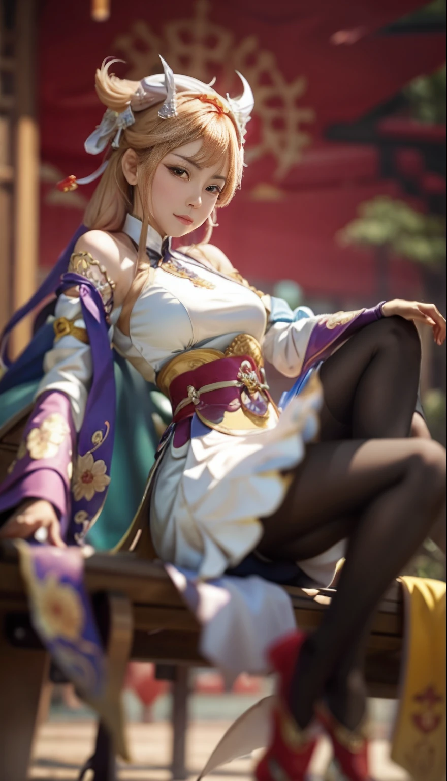 Close-up of a woman sitting on a bench，There is a dragon hanging from the arm, Guviz-style artwork, Guviz, Anime goddess, Extremely detailed Artgerm, Palace ， A girl in Hanfu, trending on cgstation, Keqing from Genshin Impact, beautiful and seductive anime woman, Artgerm Plat, Beautiful character painting
