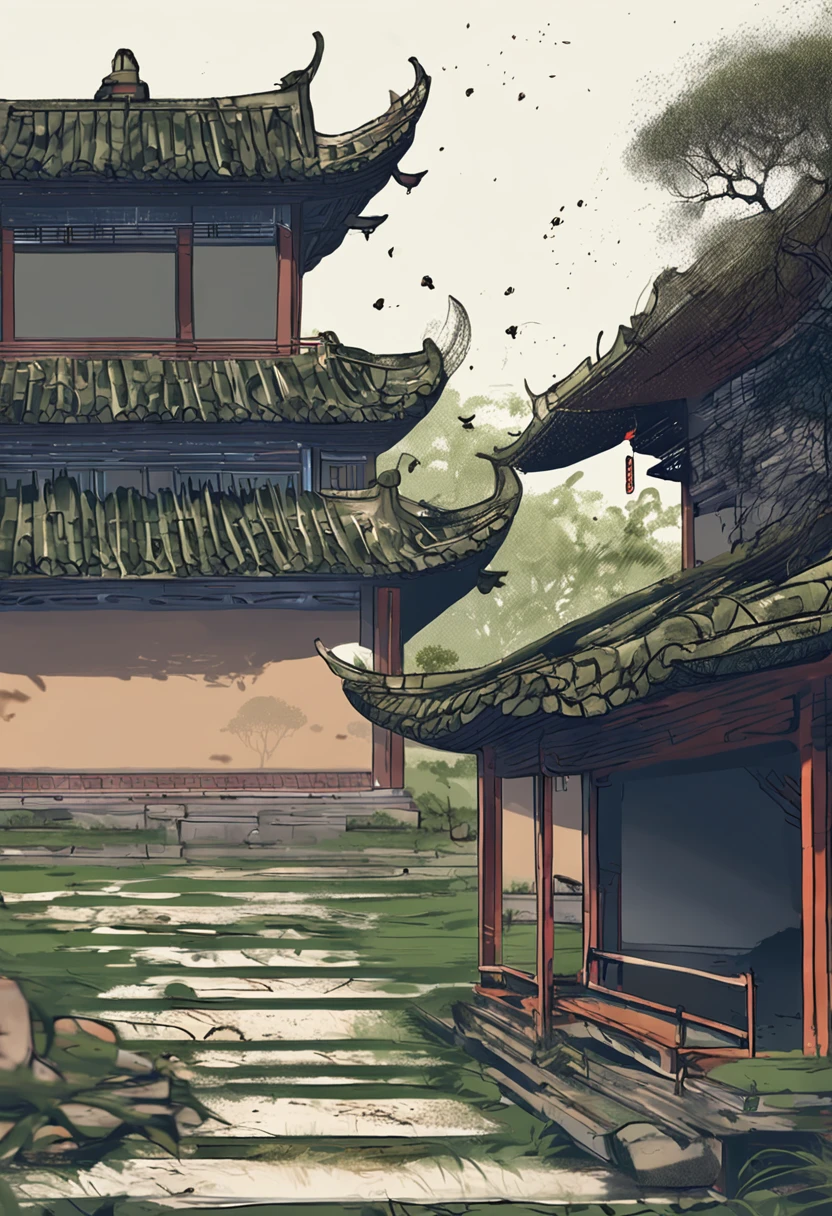 classical,Chinese Ancient Times,Song dynasty,Eaves,Broken,Rain runs down from the tiles,Drops on the stone tiles below,Here is some small grass。scenecy,Beautiful,Quaint,Home of ancient scholars。NOhumans。