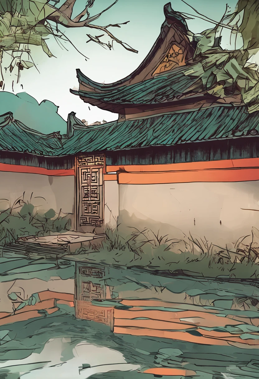 classical,Chinese Ancient Times,Song dynasty,Eaves,Broken,Rain runs down from the tiles,Drops on the stone tiles below,Here is some small grass。scenecy,Beautiful,Quaint,Home of ancient scholars。NOhumans。
