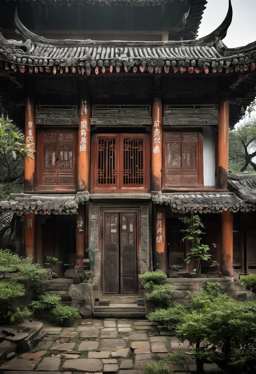 classical，Chinese Ancient Times，Song dynasty，Eaves，Broken，Rain runs down from the tiles，Drops on the stone tiles below，Here is some small grass。scenecy，Beautiful，Quaint，Home of ancient scholars。NOhumans。