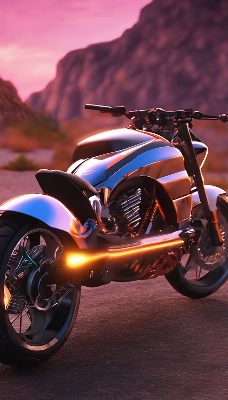 A futuristic, sunset, ultra-realistic motorcycle