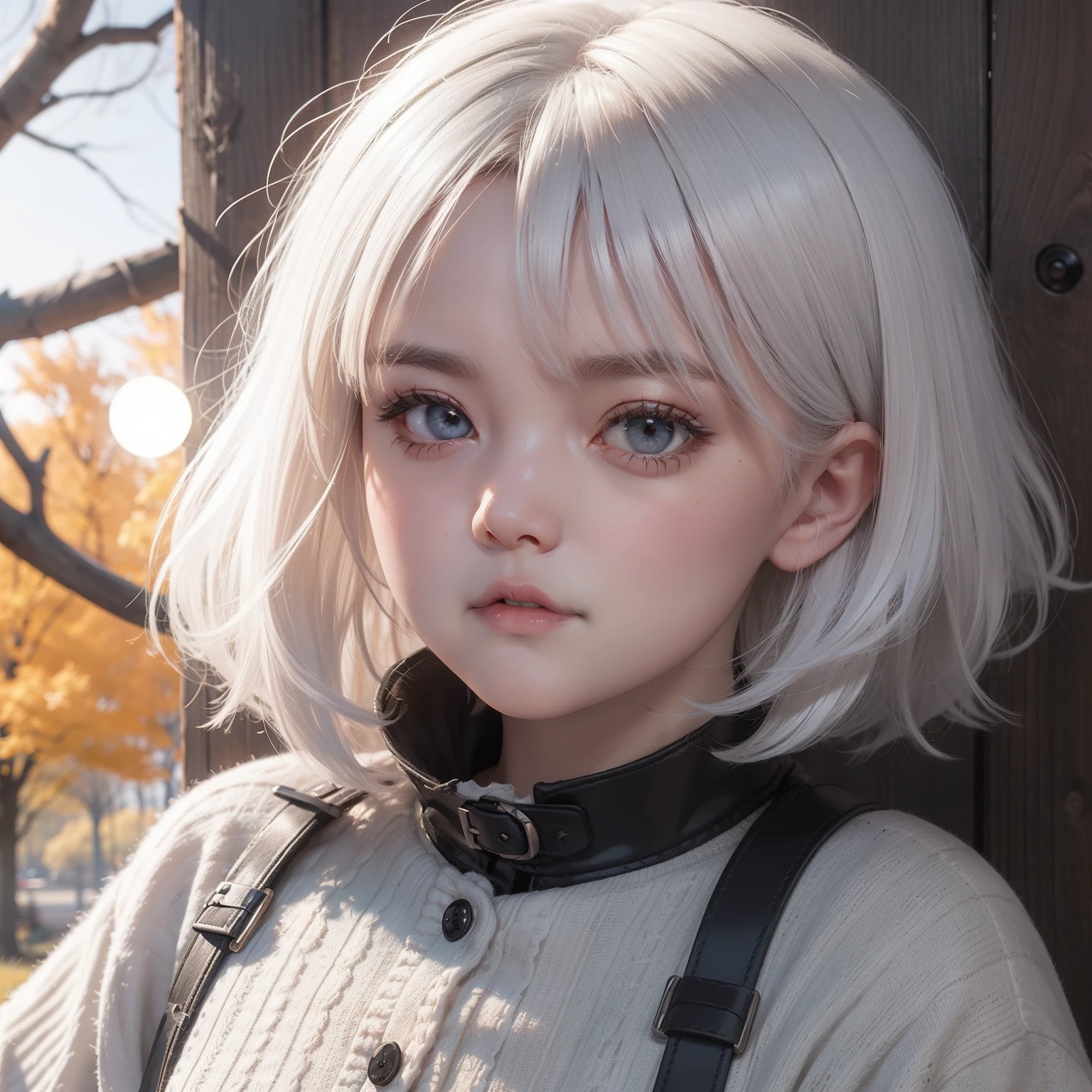 Very short hairstyle、Little fat girl、white hair、short-haired、A little angry face、Grumpy face、Autumn landscape、Hair illuminated by the sun、