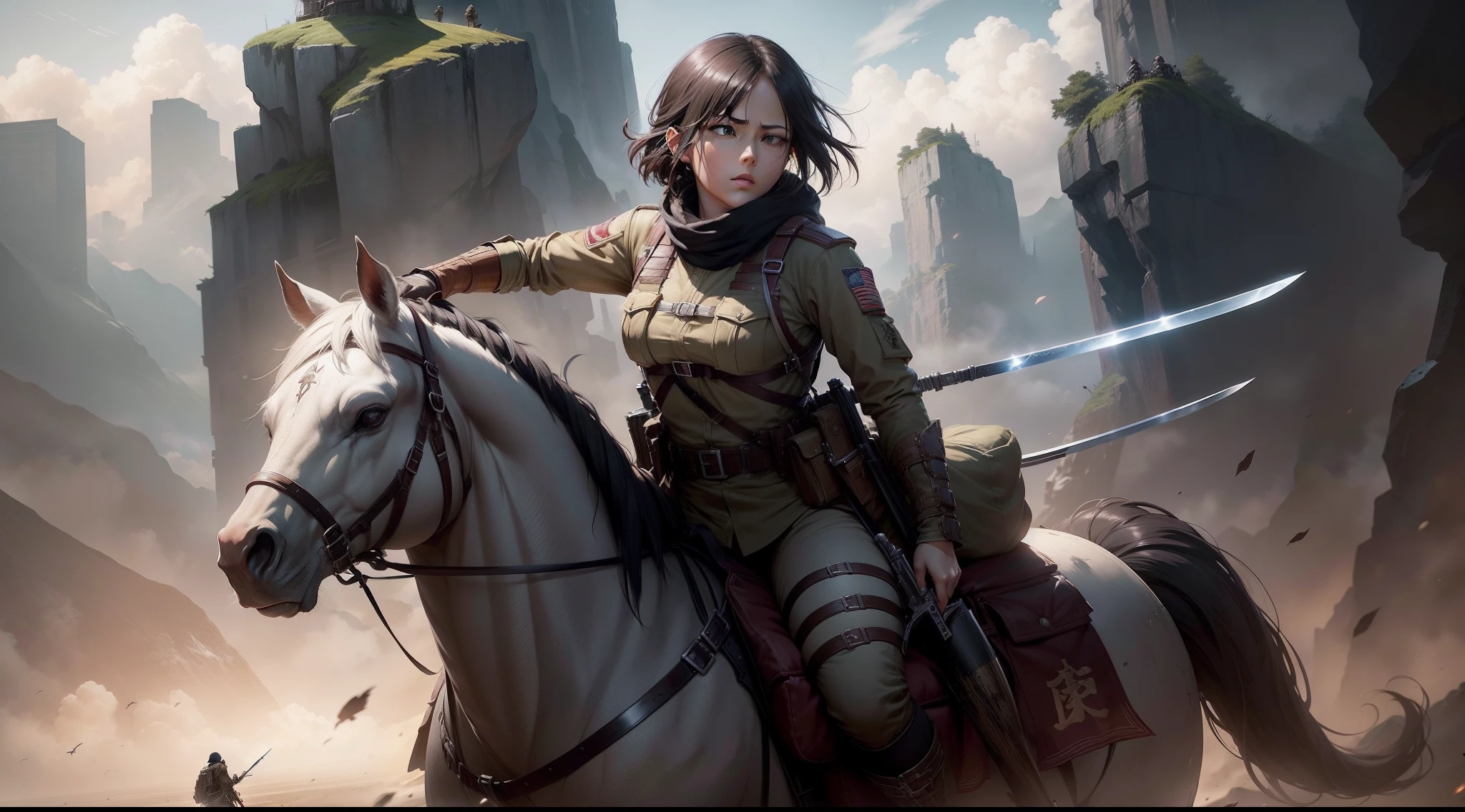 Mikasa Ackerman in an Army Uniform, Attack on Titan, chengwei pan on artstation, detailed fantasy art, Holding A Sword, stunning character art, fanart best artstation, beautiful armor, extremely detailed, detailed digital anime art, Anime, Manga, High Angle View, by Fan Qi, by Wuzhun Shifan, guweiz on pixiv artstation
