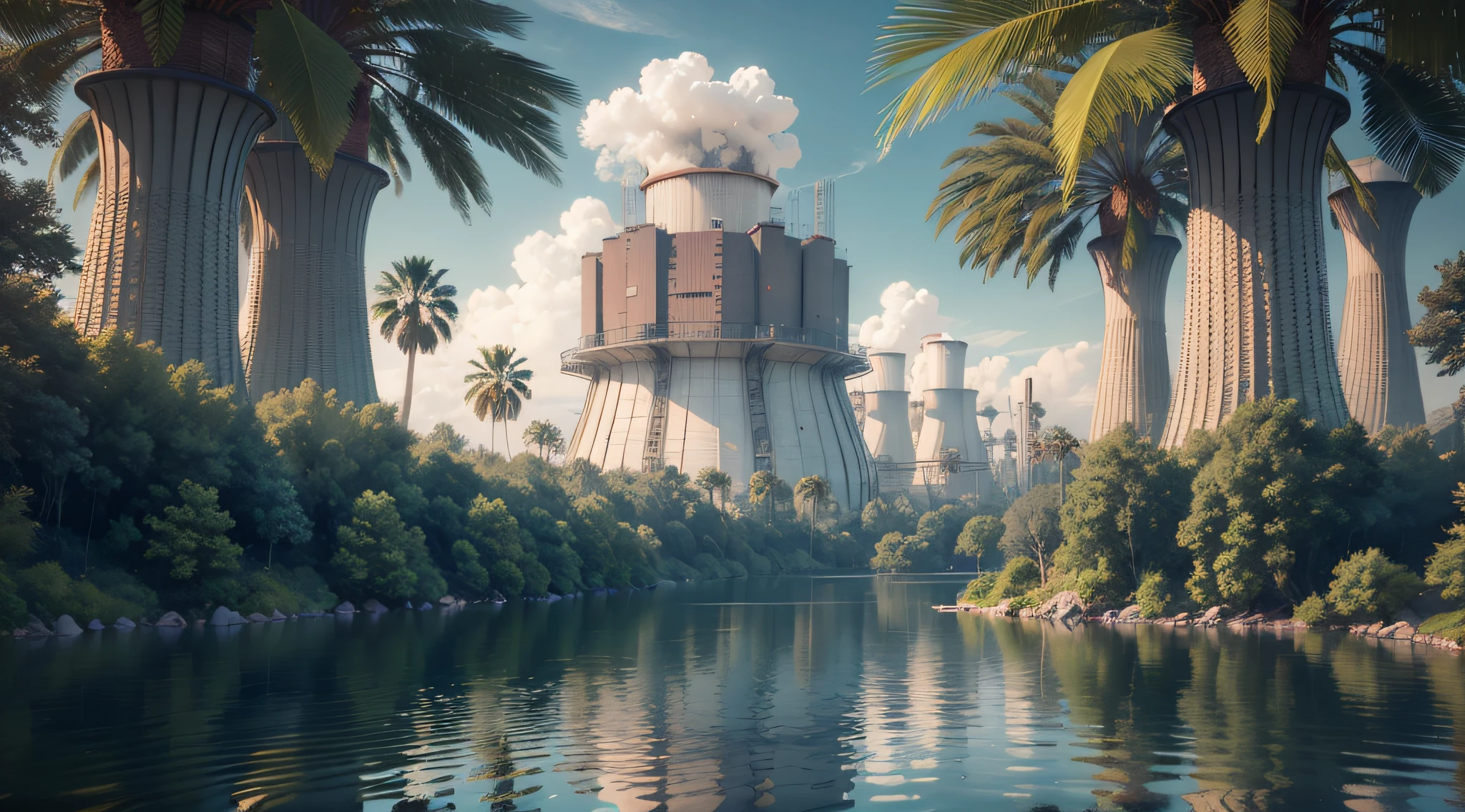 awesome magical fantasy forested tile with a lake and palm trees, nuclear power plant, 3d vray render, unreal engine, beautiful, intricately detailed, trending on artstation, 8k