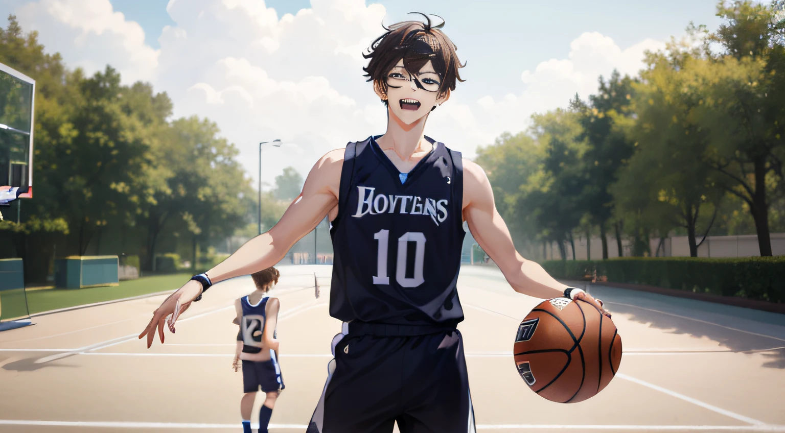 (4K, Best picture quality, A high resolution:1.1), (Masterpiece:1.1),In school,Basketball students,Boy student,wears glasses,Basketball jersey,,brown hair,,Naughty,having fun,Clear facial expression details