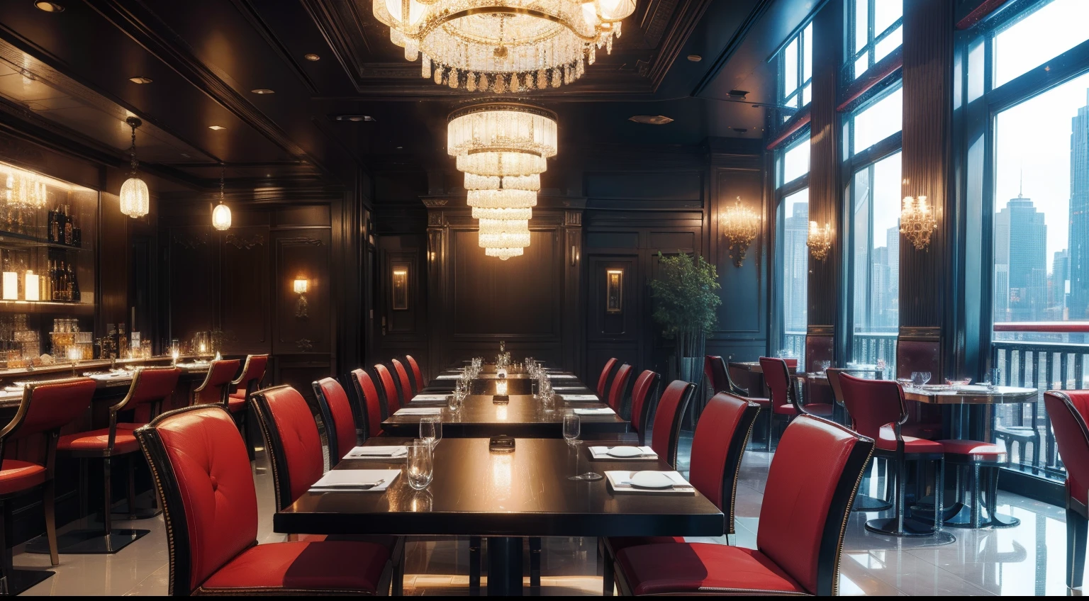 Highest image quality，Close-up of a table with chairs， upscale restaurant， gourmet restaurant， surreal design， gorgeous volumetric lighting， rounded ceiling，maximalist sculpted design， High-class ambient lighting， michelin star restaurant， brightly， Futuristic setting,