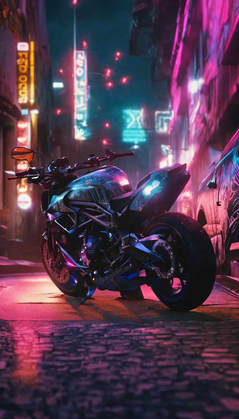 A dark room,There is graffiti on the walls,There was a motorcycle parked in the middle , Futuristic, 8K, Cinematic