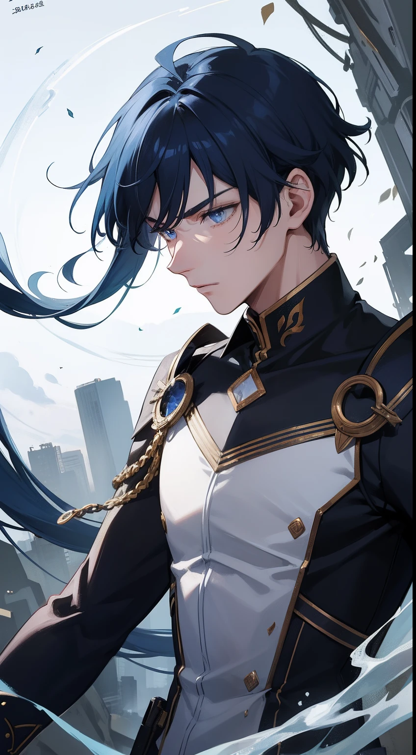 (1boy), At least in his 20s, There is a handsome face, Lateral face,sideface,Look to the side,Positive side face,Half face,Blue eyes, dark-blue hair, Unique hairstyle, A man who looks gentle,Weapon in hand, High quality, Best quality, HD, 16k, hyper HD, (Masterpiece)