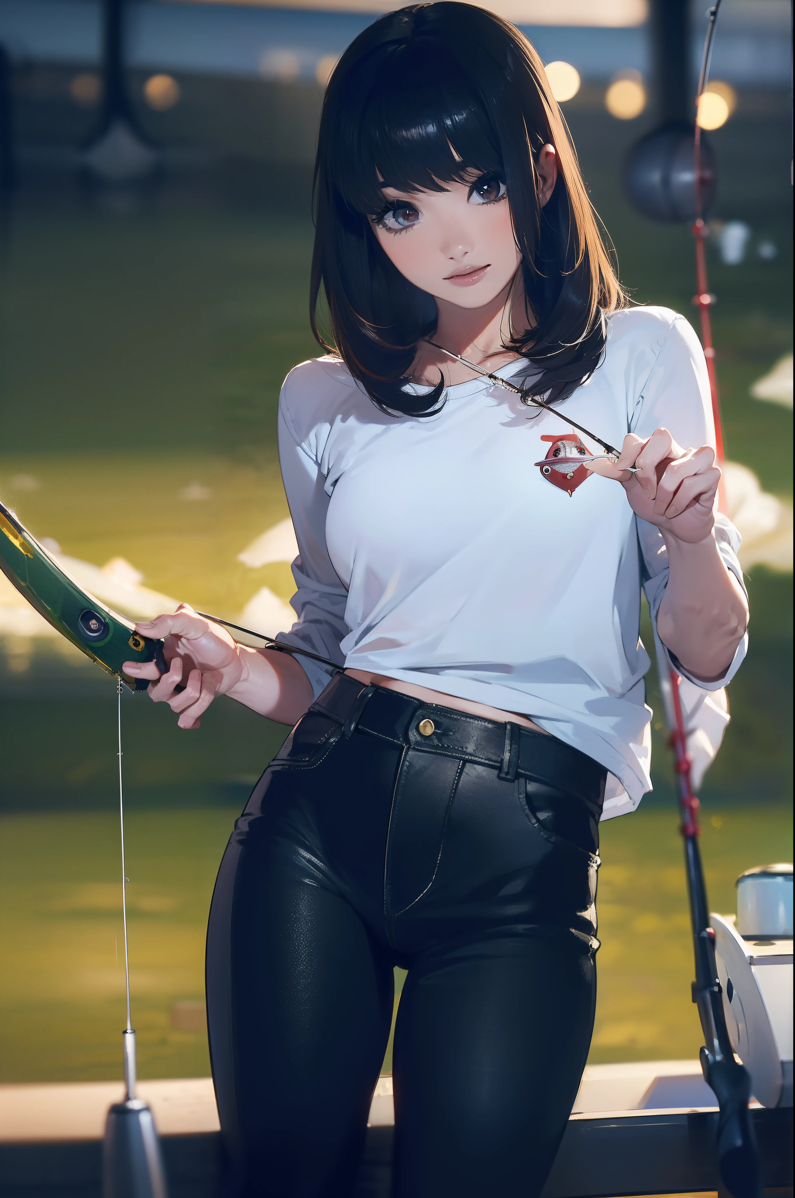 ((((casting a lure and having fishing rod with a reel by the lakeside:1.5)))),((Female 28 years old)),((Best Quality:1.5)),(((Hands with the correct number and structure of fingers:1.4))),((Big fish:1.37)),hight resolution,ultra-detailliert,masterpiece,best qualtiy,(Eight-headed body),Black hair, long eyes-lashes, Solid Circle Eyes, drop shadow, Atmospheric perspective,Super Detail, ccurate, small brest,(Black jacket and black jeans :1.1),top-quality, blurry backround, bokeh dof:1.2, (masterpiece:1.3), Atmospheric perspective,Super Detail,dynamic compositions,