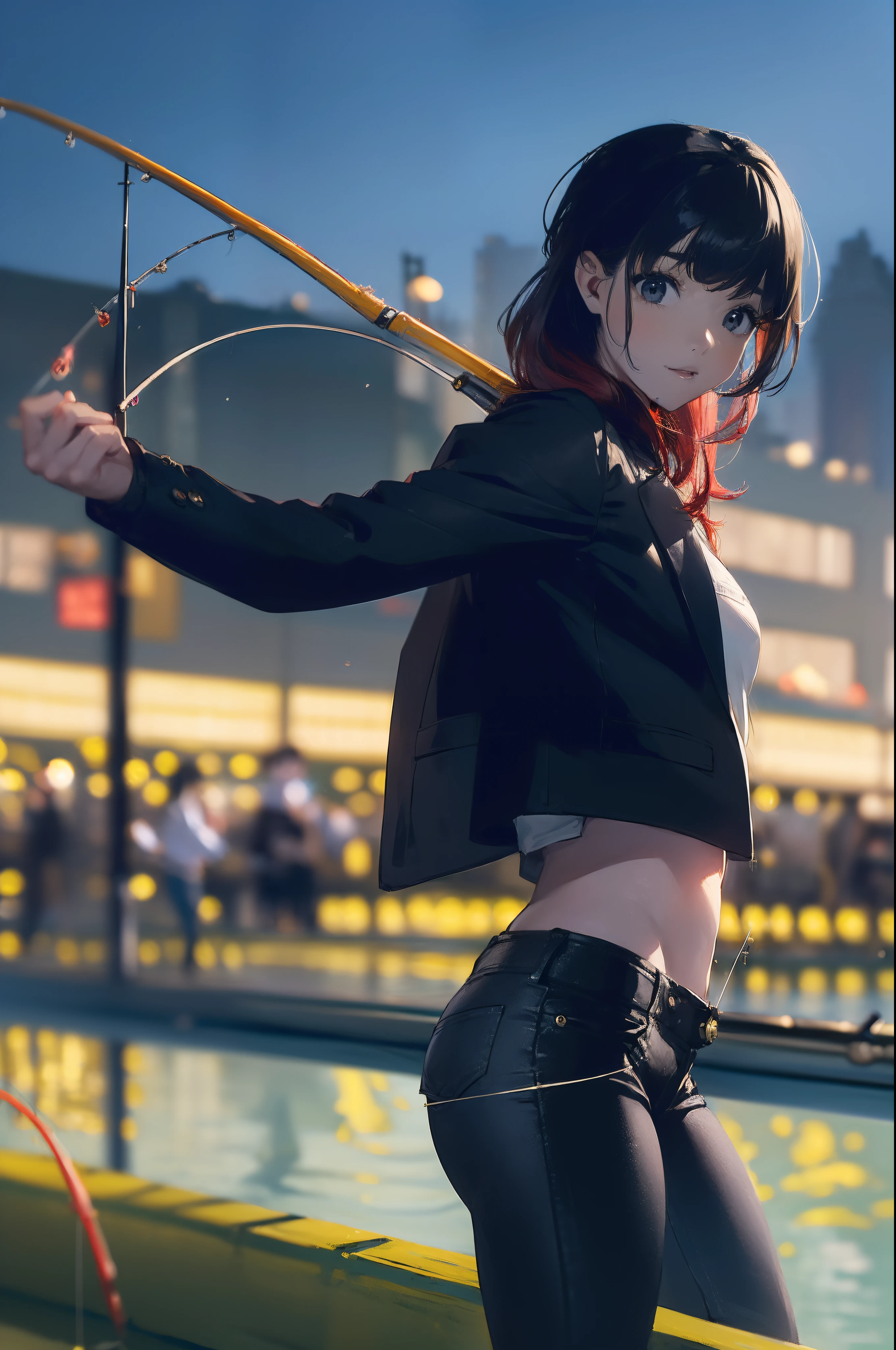 ((((casting a lure and having fishing rod with a reel by the lakeside:1.5)))),((Female 28 years old)),((Best Quality:1.5)),(((Hands with the correct number and structure of fingers:1.4))),((Big fish:1.37)),hight resolution,ultra-detailliert,masterpiece,best qualtiy,(Eight-headed body),Black hair, long eyes-lashes, Solid Circle Eyes, drop shadow, Atmospheric perspective,Super Detail, ccurate, small brest,(Black jacket and black jeans :1.1),top-quality, blurry backround, bokeh dof:1.2, (masterpiece:1.3), Atmospheric perspective,Super Detail,dynamic compositions,