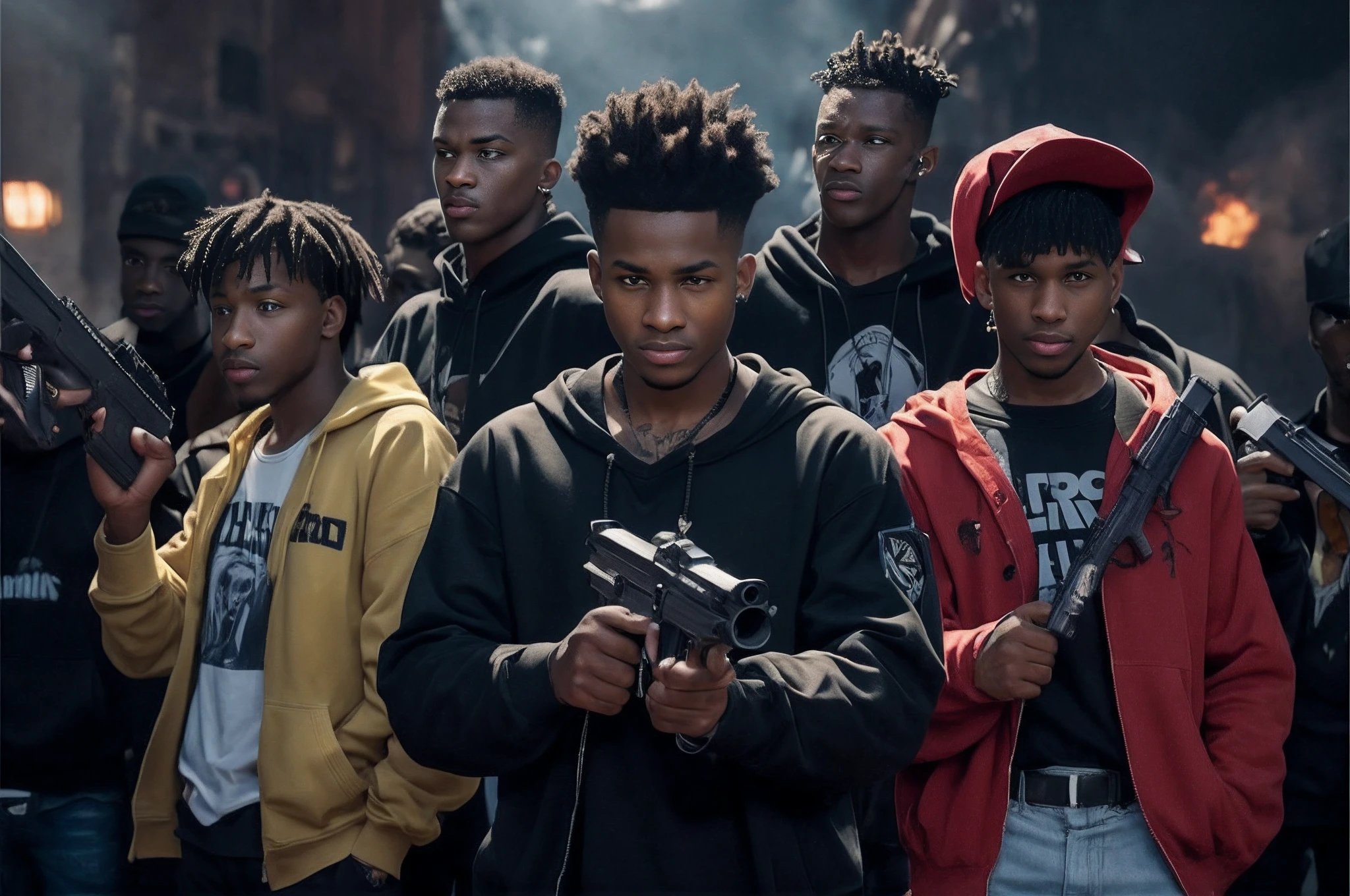 90s black guy holding a gun in front of his gang, black guy holding a gun in front of his gang, black guy holding a gun in front of his gang, black guy holding a gun with flash paint on it, he is wearing a black hoodie, he is holding a gun