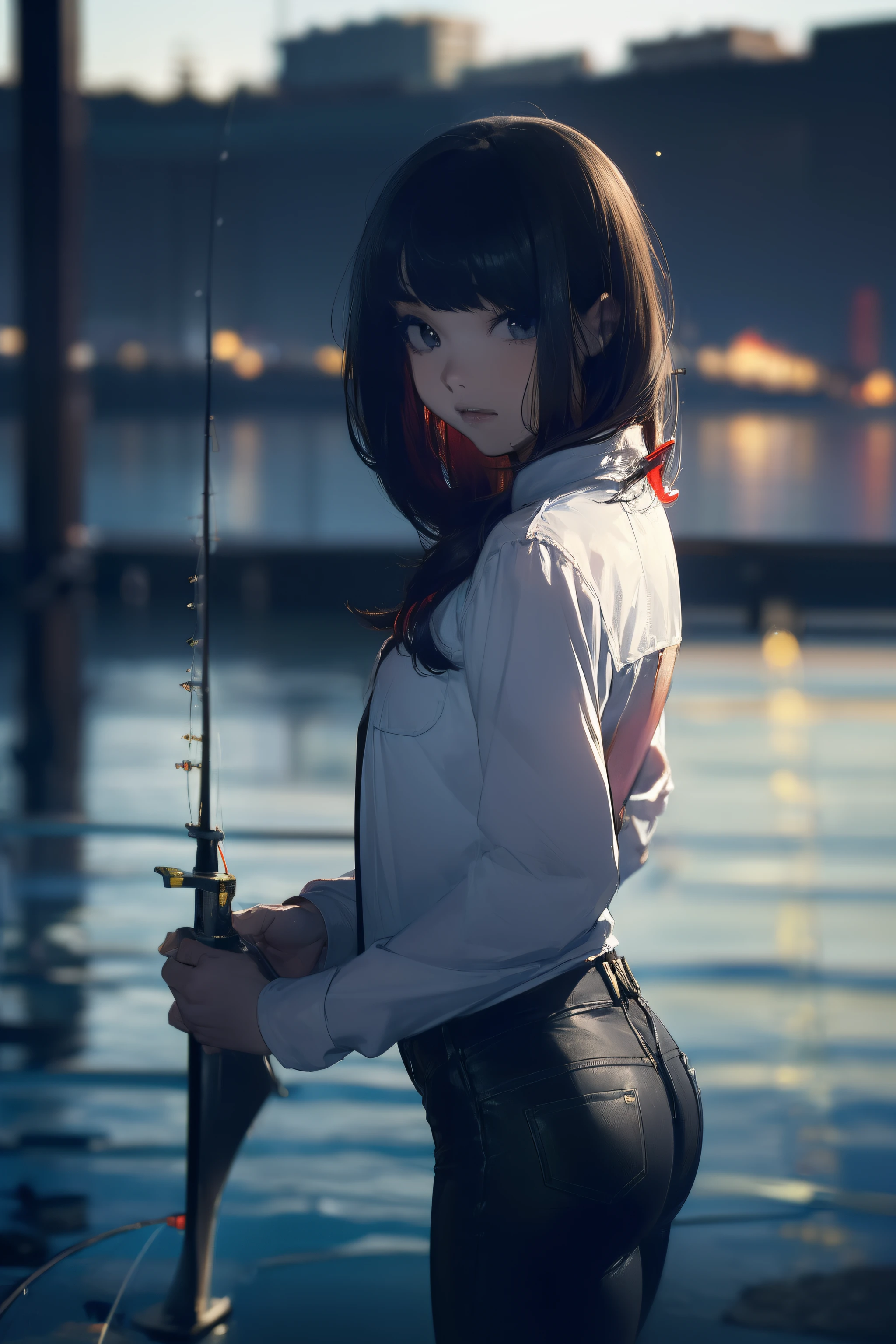 ((((casting a lure and having fishing rod with a reel by the lakeside:1.5)))),((Female 28 years old)),((Best Quality:1.5)),(((Hands with the correct number and structure of fingers:1.4))),((Big fish:1.37)),hight resolution,ultra-detailliert,masterpiece,best qualtiy,(Eight-headed body),Black hair, long eyes-lashes, Solid Circle Eyes, drop shadow, Atmospheric perspective,Super Detail, ccurate, small brest,(Black jacket and black jeans :1.1),top-quality, blurry backround, bokeh dof:1.2, (masterpiece:1.3), Atmospheric perspective,Super Detail,dynamic compositions,