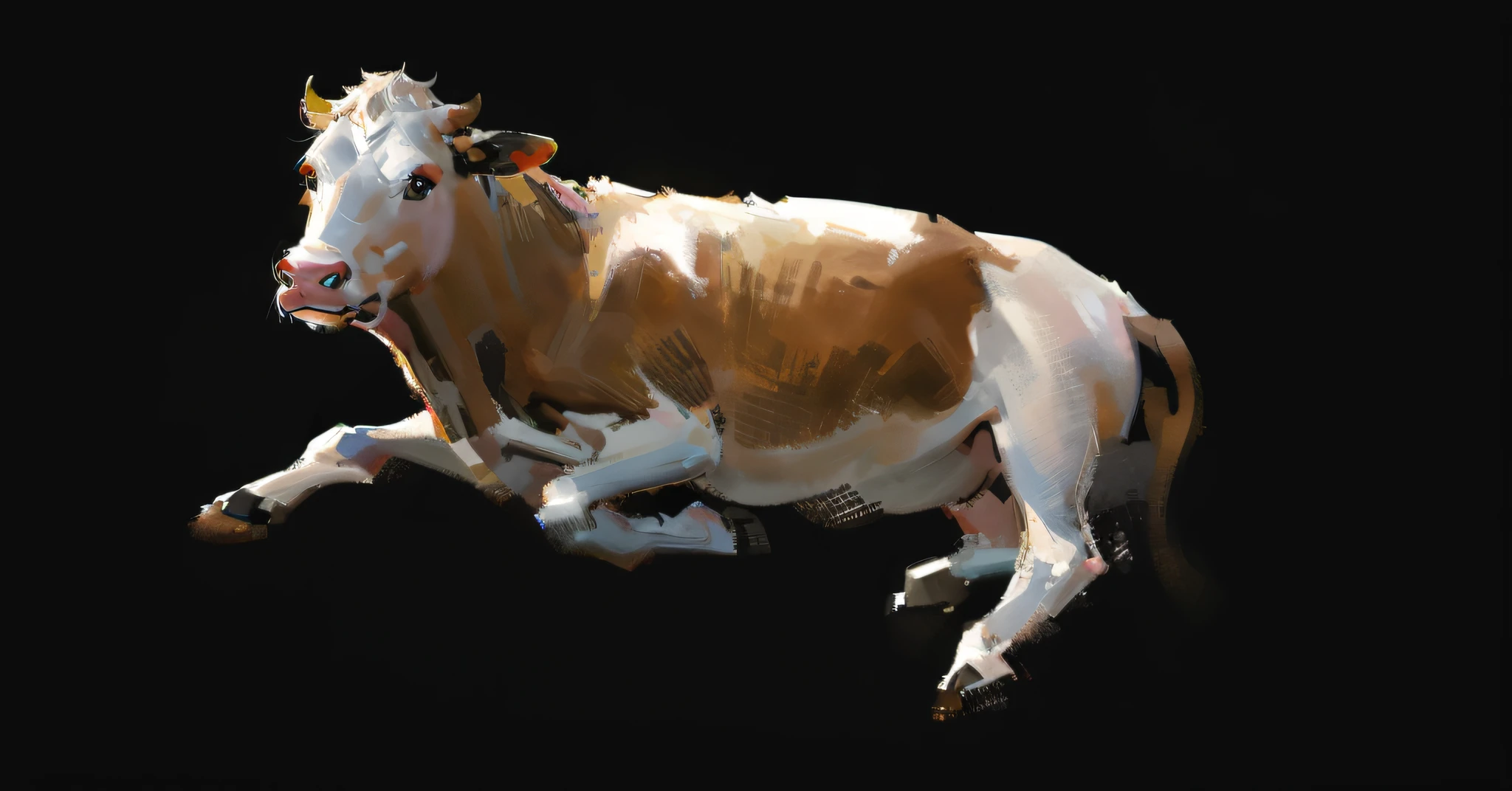 There is a brown and white cow lying on a black background, cow, taur, spotted ultra realistic, hyper real highly detailed, author：Karel Dujardin, hyper realisitc, pbr render, highly realistic photograph, flying cow, a cow, Campi. Cow clothing and udders, 8 k ultra realistic animal, horse laying down, highly detailed animal