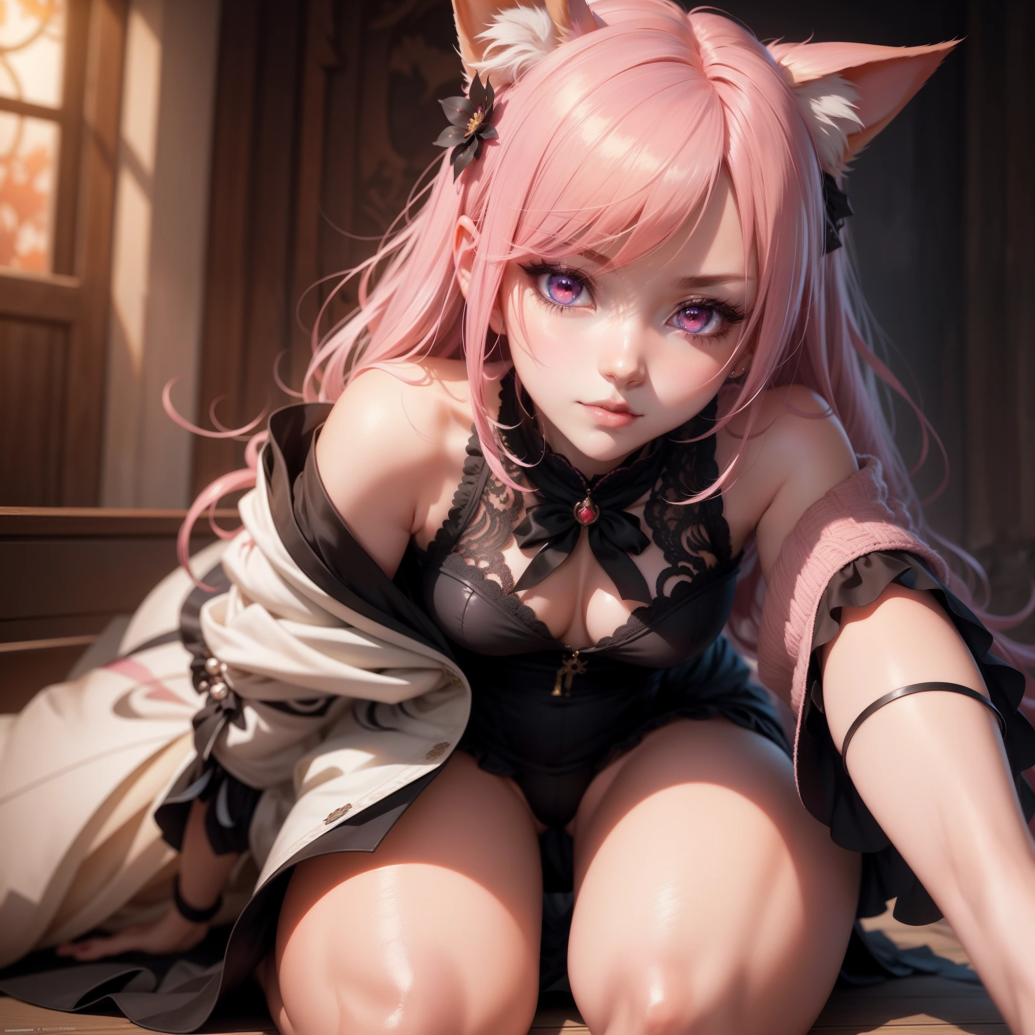 close up face,Diagonal angle., Complicated details, beautiful and gentle eyes;, Anime girl with long pink hair, pink eyes, fox pink ears,posing for a picture, shadowverse style, smooth anime cg art, detailed digital anime art, guweiz, sui ishida art manga, Shadowverse, official artwork, pixiv style, detailed anime artwork, artbook artwork, seductive anime girl, Sugetsu, detailed anime character art, waifu, A detailed eye, autumn, Autumn theme