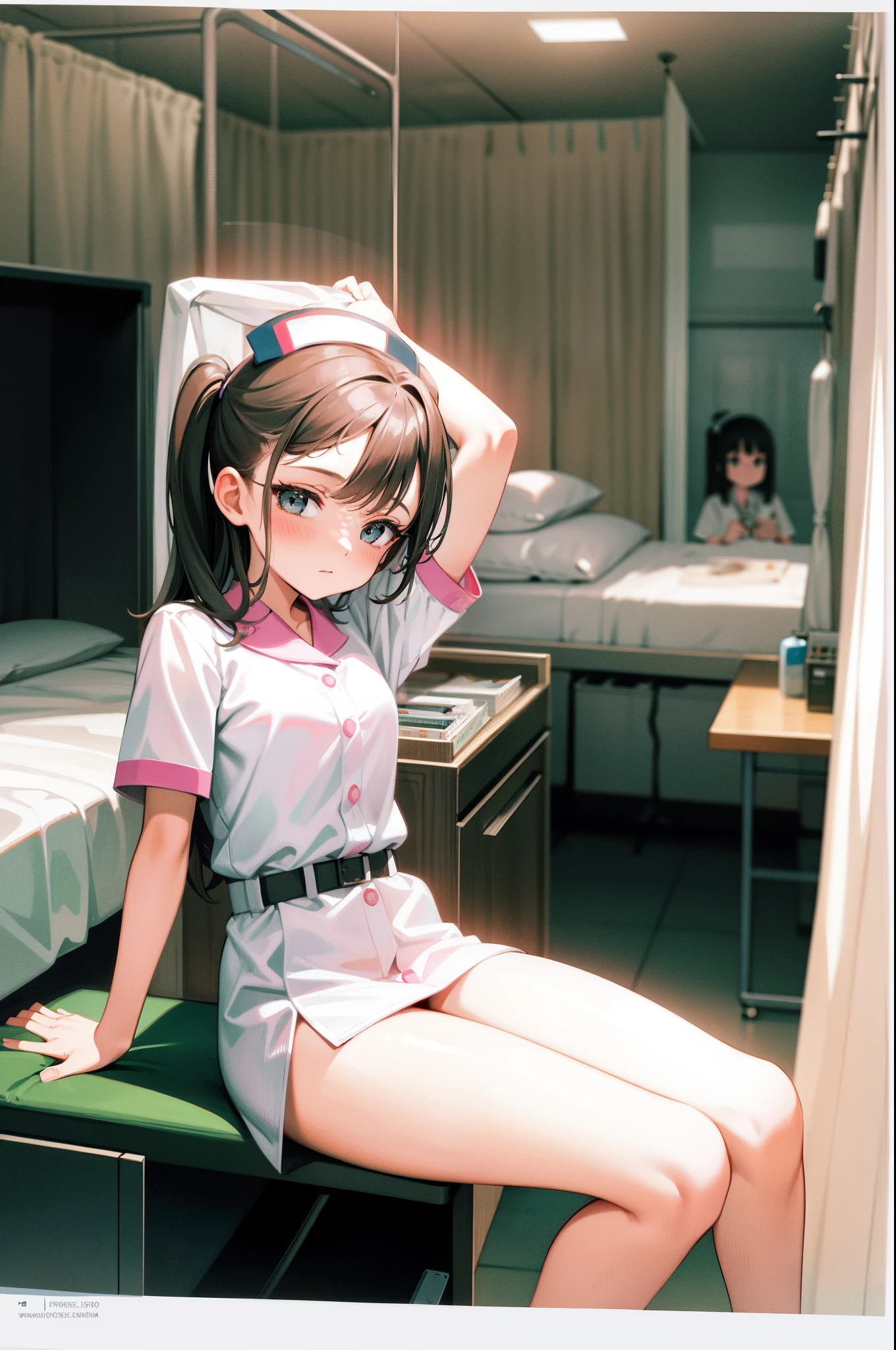 infirmary, curtains, 1girl, nurse, white dress,, masterpiece, best quality, highly detailed