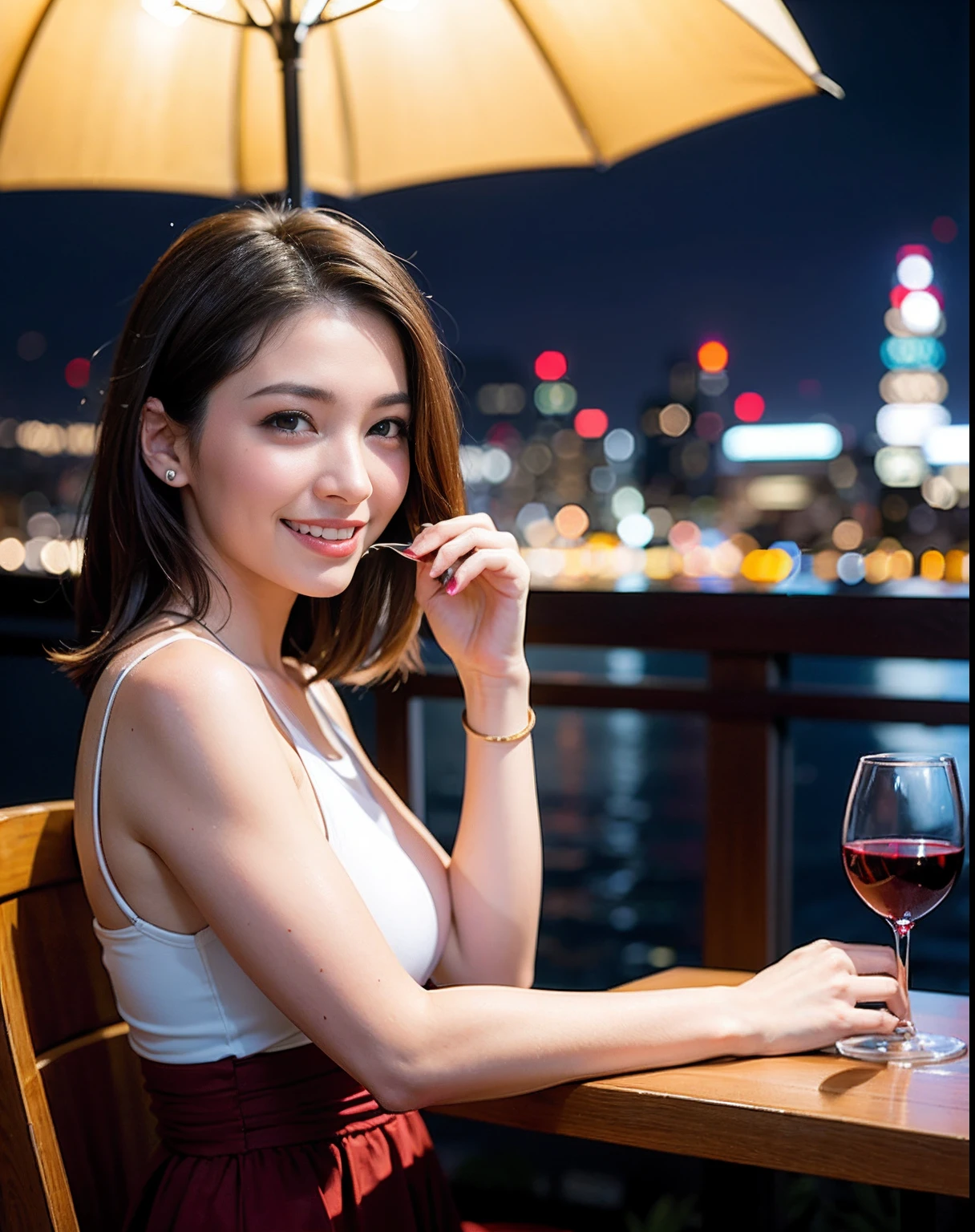 (64K, UHD, top quality, masterpiece: 1.2), (realistic, photorealistic: 1.37), super detailed, pretty woman 1 person, (slim face), (slim body), (brown hair), (short cut), cheeks slightly blushing, (42 years old), 38 years old, solo, beautiful detailed urban night view outside the window, restaurant, wine glasses sit, night, in a prominent place (from the waist up) NovaFrogStyle, Actress, Model, Waist Up, White Wine, Slim, Wine Glass, Super Clean Night View, Wine Glass Put in the Middle, Happy Smile, (Smile: 1.15), Beautiful Fine Eyes, Upper Body, Bust Japan Up, Night, Short, Short, Actress, Model, Waist Up, White Wine, Slim, Wine Glass, Super Clean Night View, Wine Glass Put in the Middle, Happy Smile,