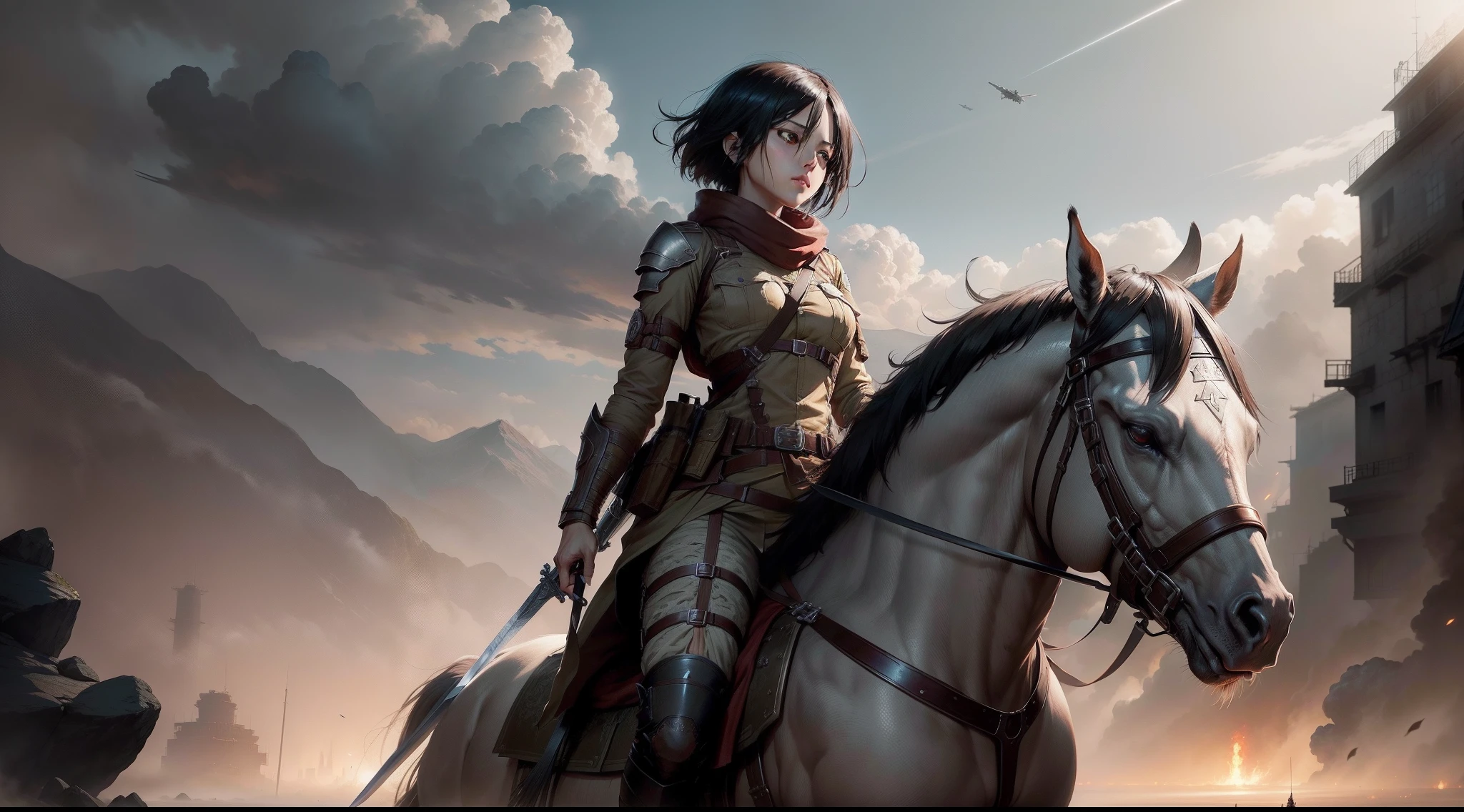 Mikasa Ackerman in an Army Uniform, Attack on Titan, chengwei pan on artstation, detailed fantasy art, Holding A Sword, stunning character art, fanart best artstation, beautiful armor, extremely detailed, detailed digital anime art, Anime, Manga, High Angle View, by Fan Qi, by Wuzhun Shifan, guweiz on pixiv artstation