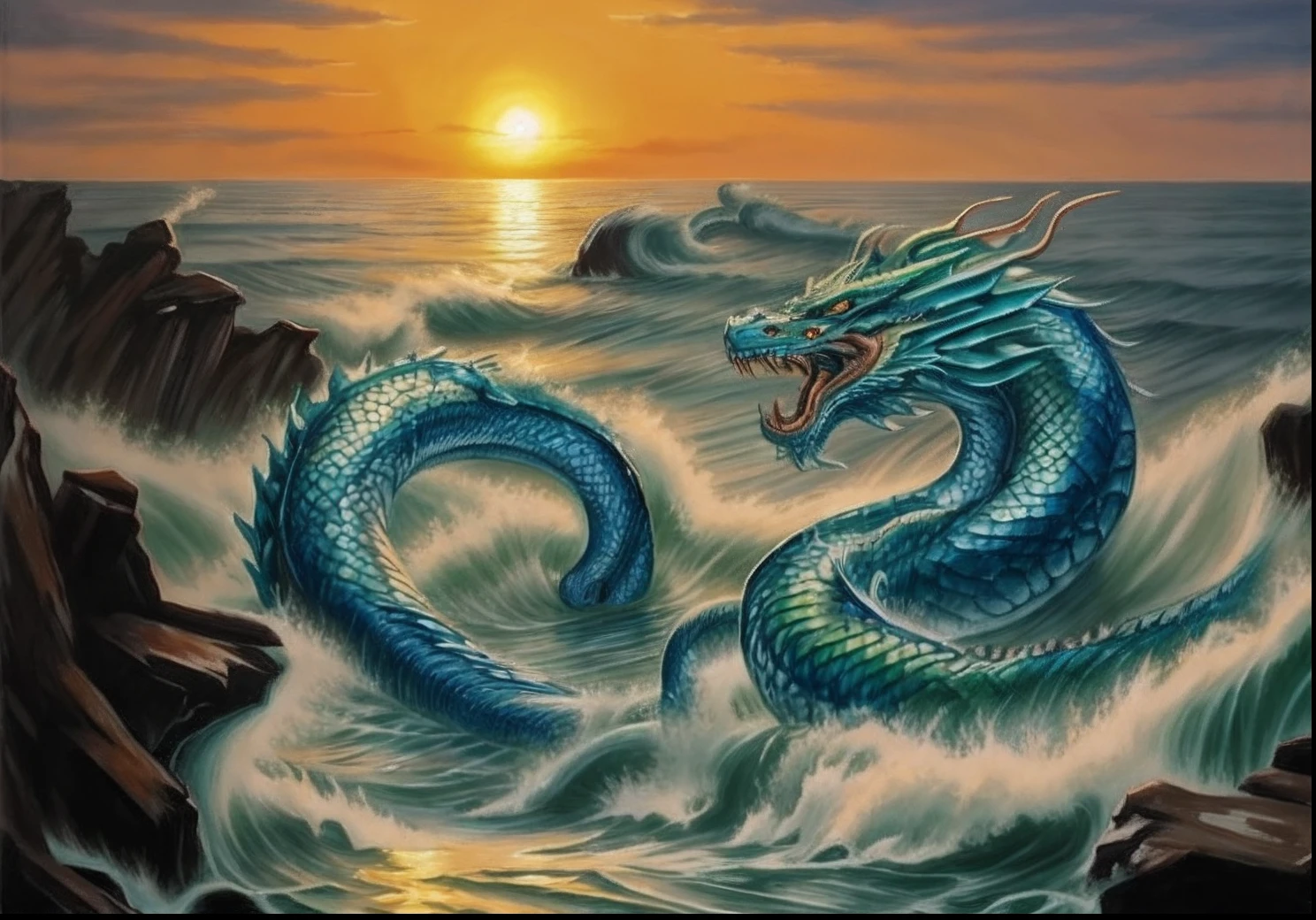 Drawing of a dragon with a large beak, Green streaks and a large tail in wavy water......,evening,Red Sun, Green Dragon Fantasy, Sea snake, serpentine water monster, water dragon, smooth chinese dragon, chinese dragon concept art, epic dragon, The snake has very mysterious wings....., Oil painting of a dragon, colossal dragon as background, dragon art, Chinese dragon, blue dragon, Majestic Japanese Dragon, God of Dragons,snake