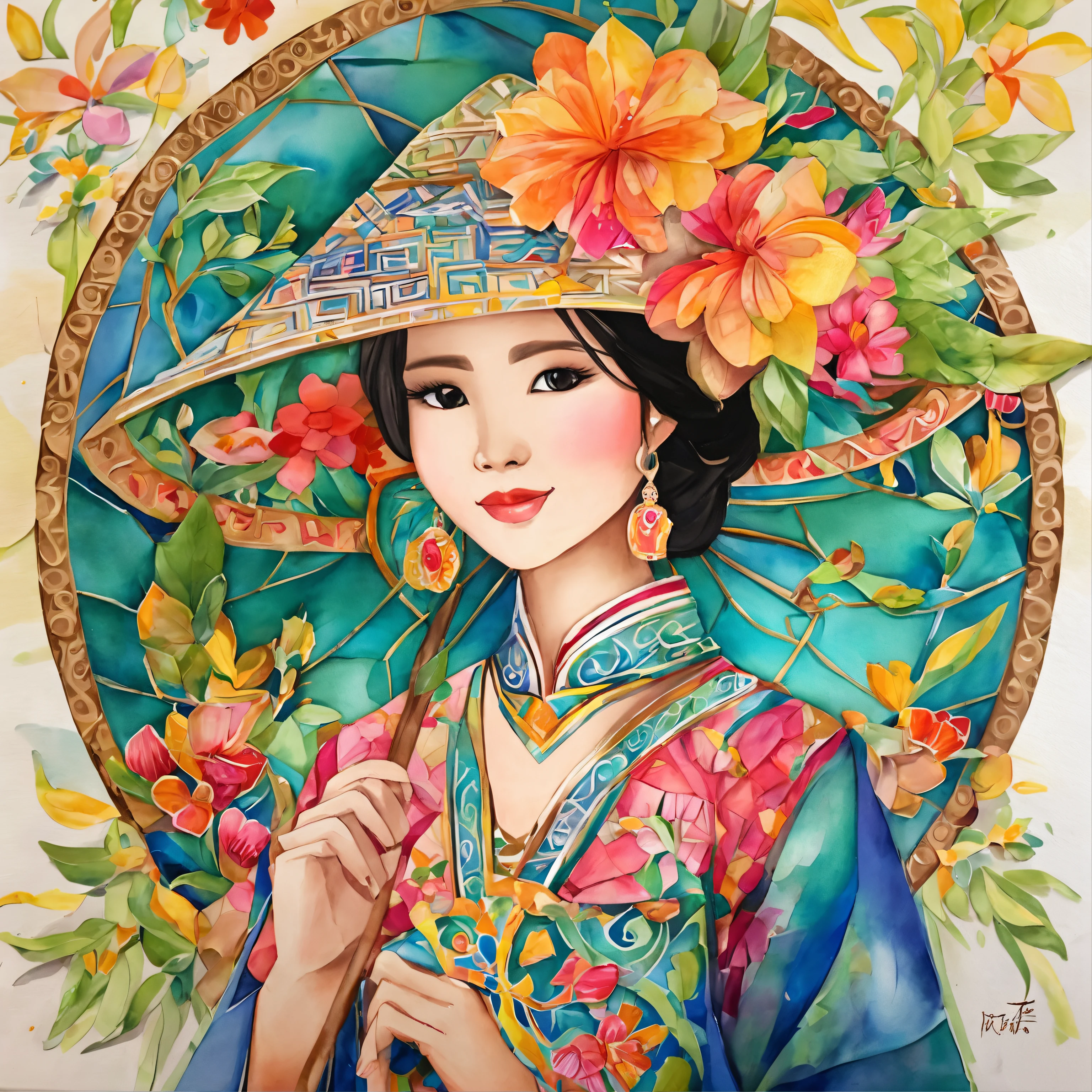 (FULL BODYSHOT:1.4), colorfull background, (1 vietnamese young girl, aodai, nhat binh, nhat binh dress, Halo, Exquisite headdress, Smile), (paper art, Quilted Paper Art, Geometry), highly colorful