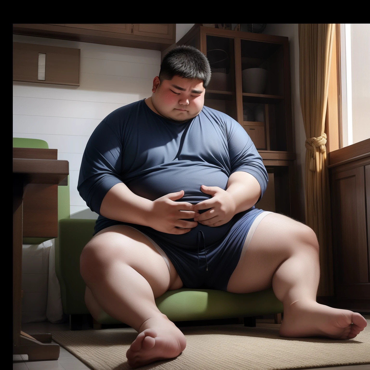 Fat men、fatness、Obese men、Duan、Fashionable house、sit in、Crying with your hands on the ground