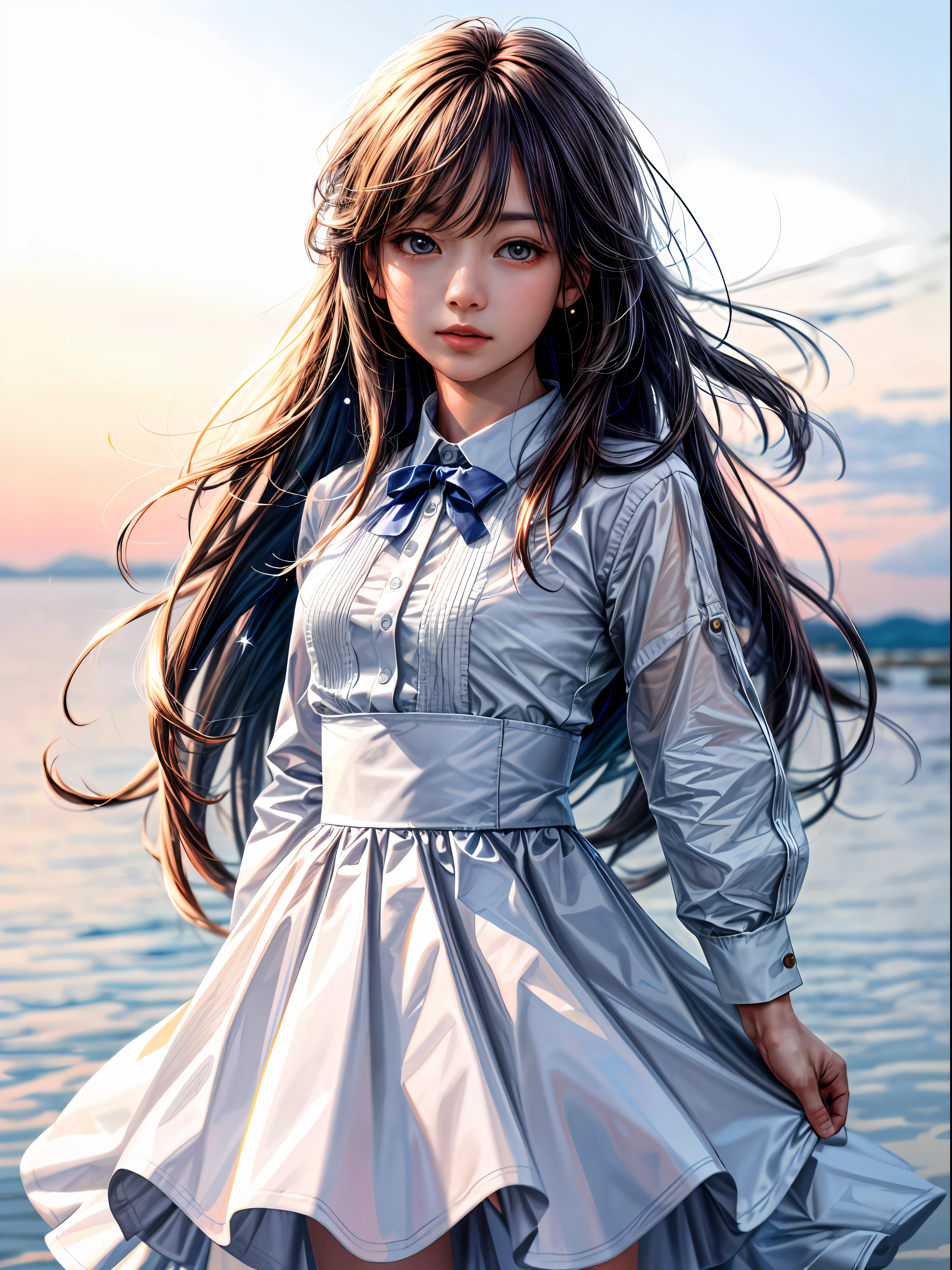 (1girl), solo, long_hair, wearing(whiteshirt), photo(close-up-shot), from_front, portrait, pov, blurry_background, background(night, sky-horizon, space, galaxy, star), (photorealistic, absurdres, best_quality:1.55),