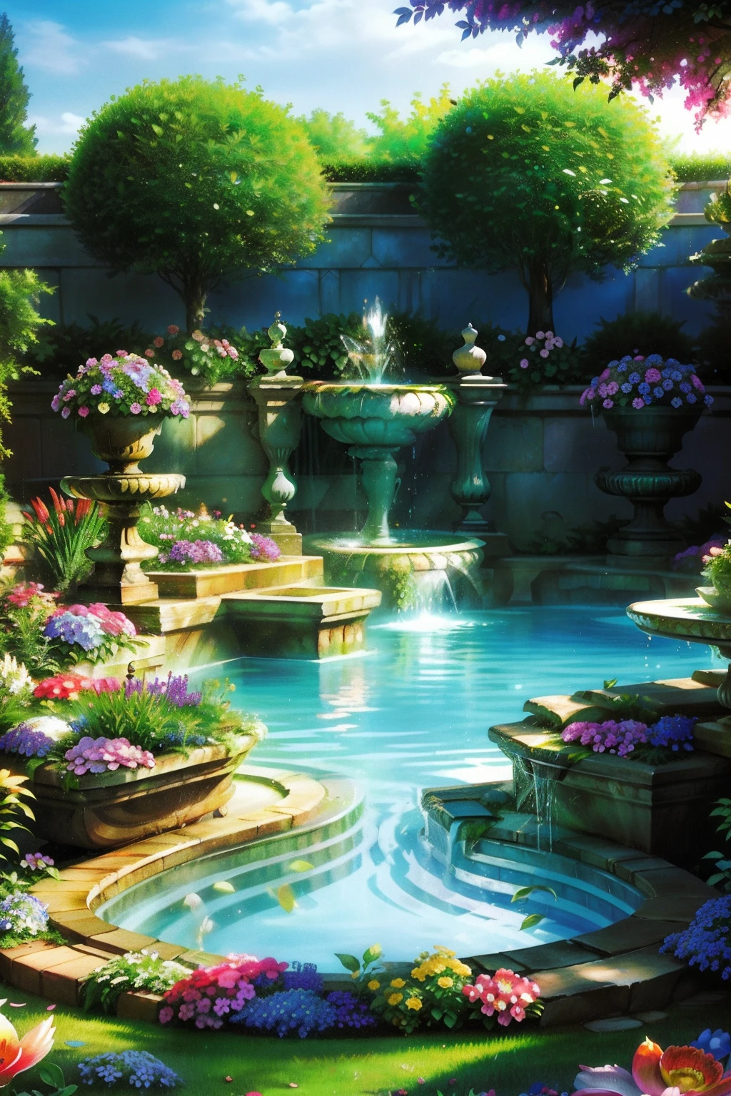 Landscaping: Create beautiful scenery around the house. Combine well-maintained gardens with vibrant flowers, manicured hedges, There is also a small water feature，Such as tranquil reflecting pools or cascading fountains.