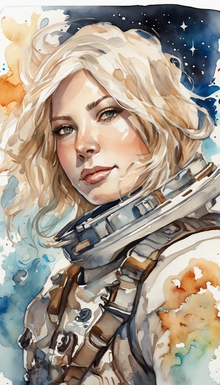 a sticker,Detailed portrait of a beautiful astronaut woman full of hope，Has wavy blonde hair,nier:automata inspired,bravely default inspired,A dynamic but dull but exhilarating cosmic projection,space nebula background,smooth,bold colour,expressionistic