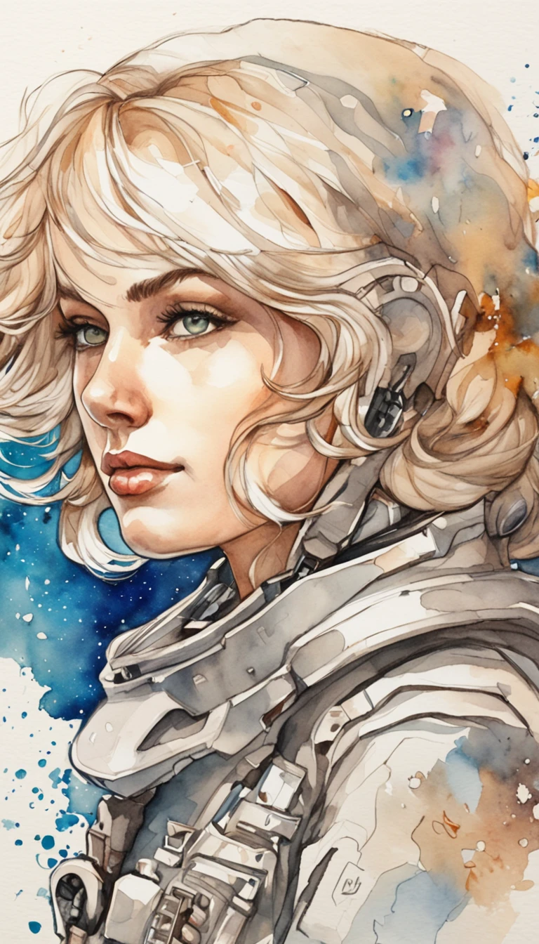 a sticker,Detailed portrait of a beautiful astronaut woman full of hope，Has wavy blonde hair,nier:automata inspired,bravely default inspired,A dynamic but dull but exhilarating cosmic projection,space nebula background,smooth,bold colour,expressionistic