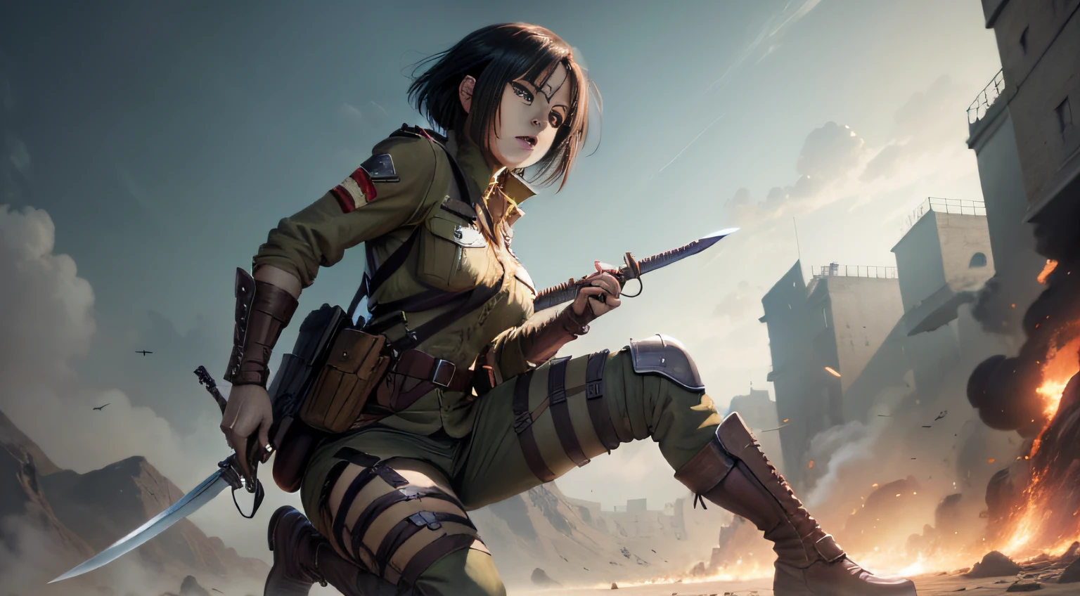 Mikasa Ackerman in an Army Uniform, Attack on Titan, detailed fantasy art, Holding A Sword, stunning character art, fanart best artstation, beautiful armor, extremely detailed, detailed digital anime art, Anime, Manga, Wide Angle View