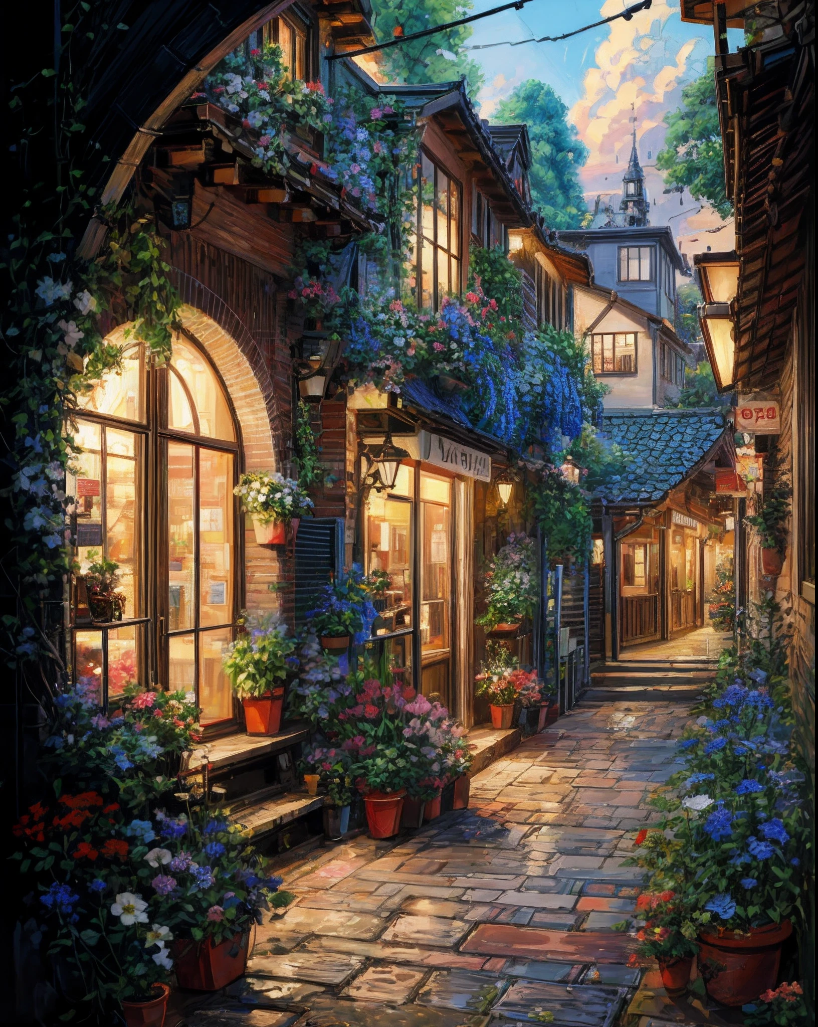 there is a painting of a street with flowers and plants, beautiful digital artwork, beautiful digital painting, beautiful art uhd 4 k, beautiful digital art, 4k highly detailed digital art, highly detailed digital painting, beautiful cityscape, 8k high quality detailed art, stylized digital art, very beautiful digital art, detailed painting 4 k, digital painting style, beautiful digital illustration