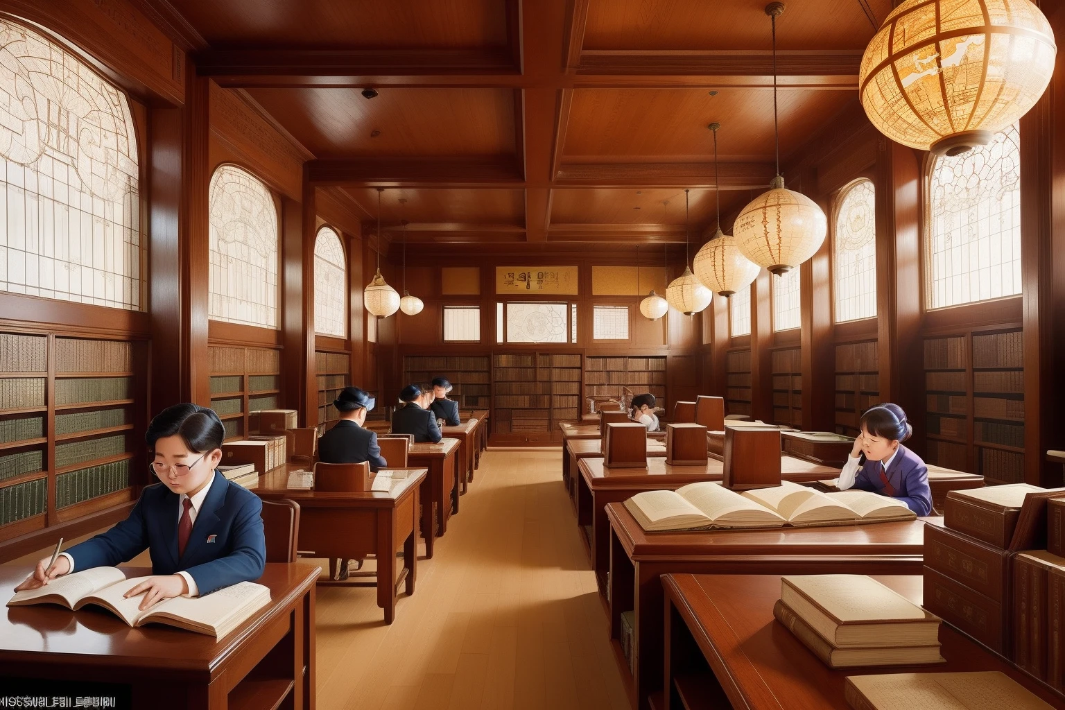 Year: 2022
Country: North Korea
Description: Inside a warmly lit, wood-paneled library in Chongjin, a group of teenagers engage in animated discussions around vintage globes and stacks of books. The room is adorned with delicate artwork and ornate bookshelves, creating an atmosphere of intellectual curiosity and exploration.