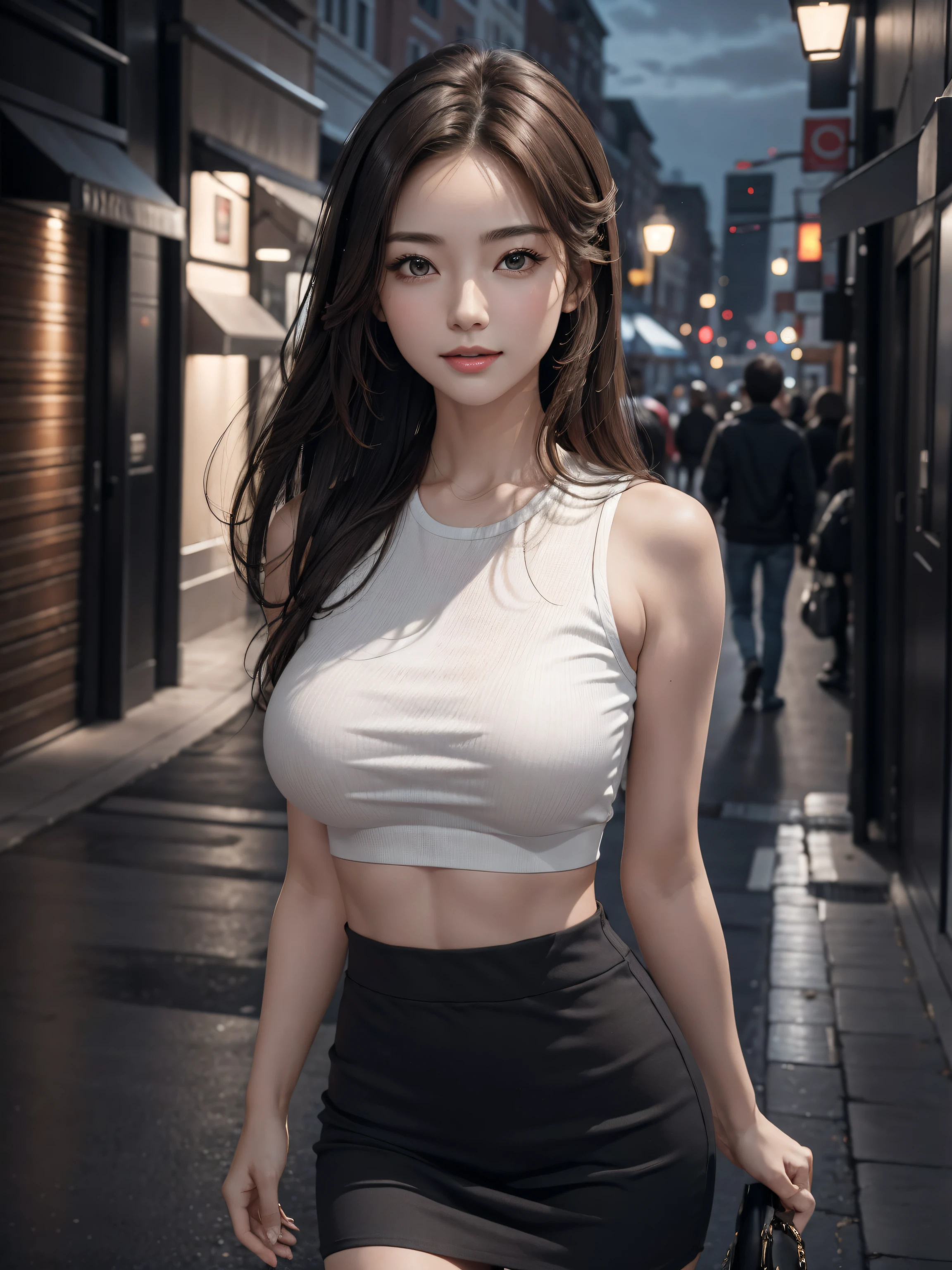 photorealistic, masterpiece, best quality, raw photo, night situation:1.5, at street side, dark street, arms behind back:1.3, 
BREAK,
1girl, biggest breasts:1.38, gigantic breasts:1.38, disproportionate breasts:1.38, medium-length hair, brown hair, (extremely pretty and beautiful Japanese actress face:1.3, Korean actress face:1.3, beautiful clean face), 
BREAK, 
attractive look, white cropped top:1.3, black tight-skirt:1.3,   
BREAK, 
looking at viewer, standing at the wall, attractive posing, seductive smile, :d, cinematic lighting, at night, in the dark, deep shadow, at night, natural shading, low key, intricate detail, detailed skin, pore, highres, hdr, 4k, realistic,