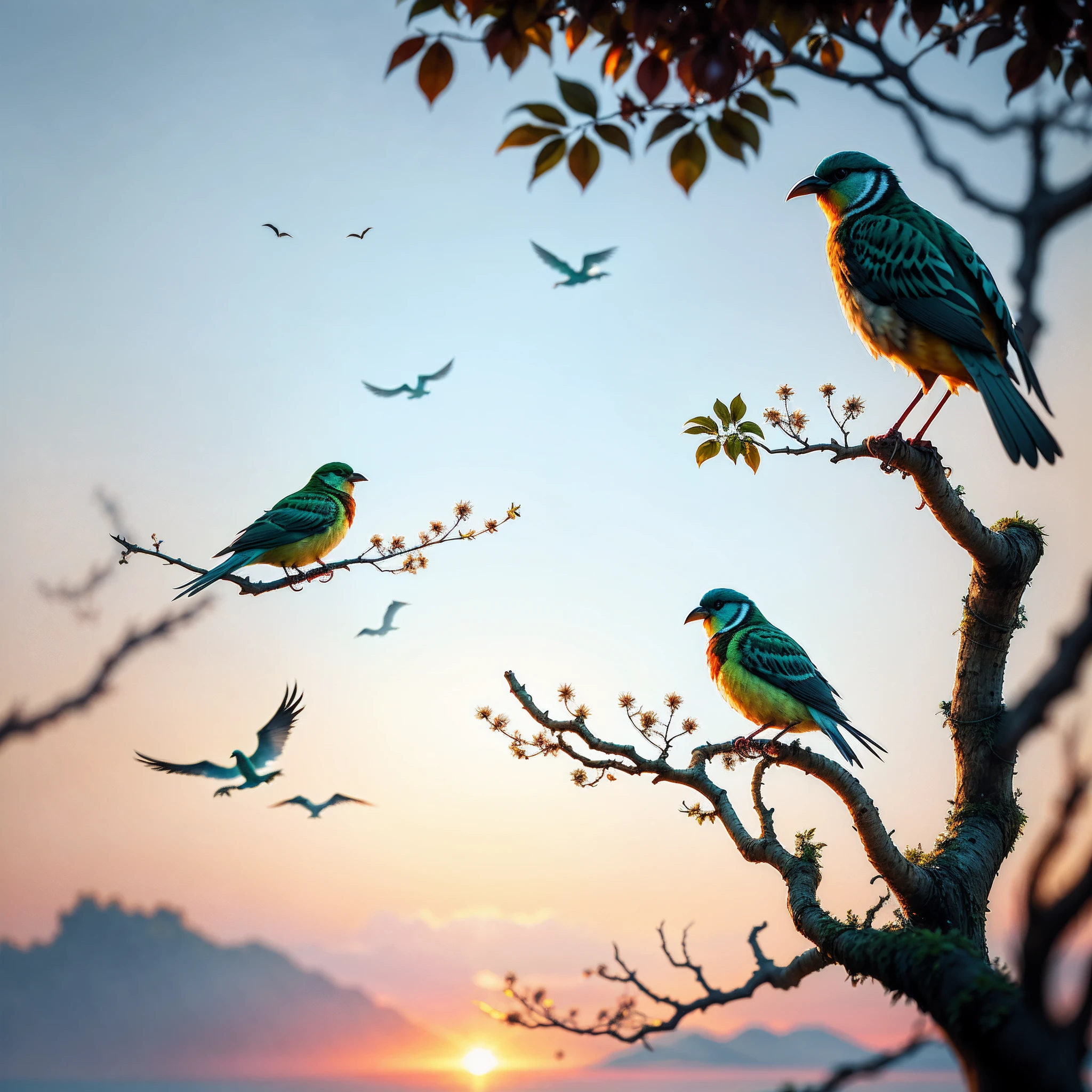 2bird sitting on a branch of tree, beautiful, peaceful, morning light, close up, volumetric color, dynamic lighting, cinematic, depth of field