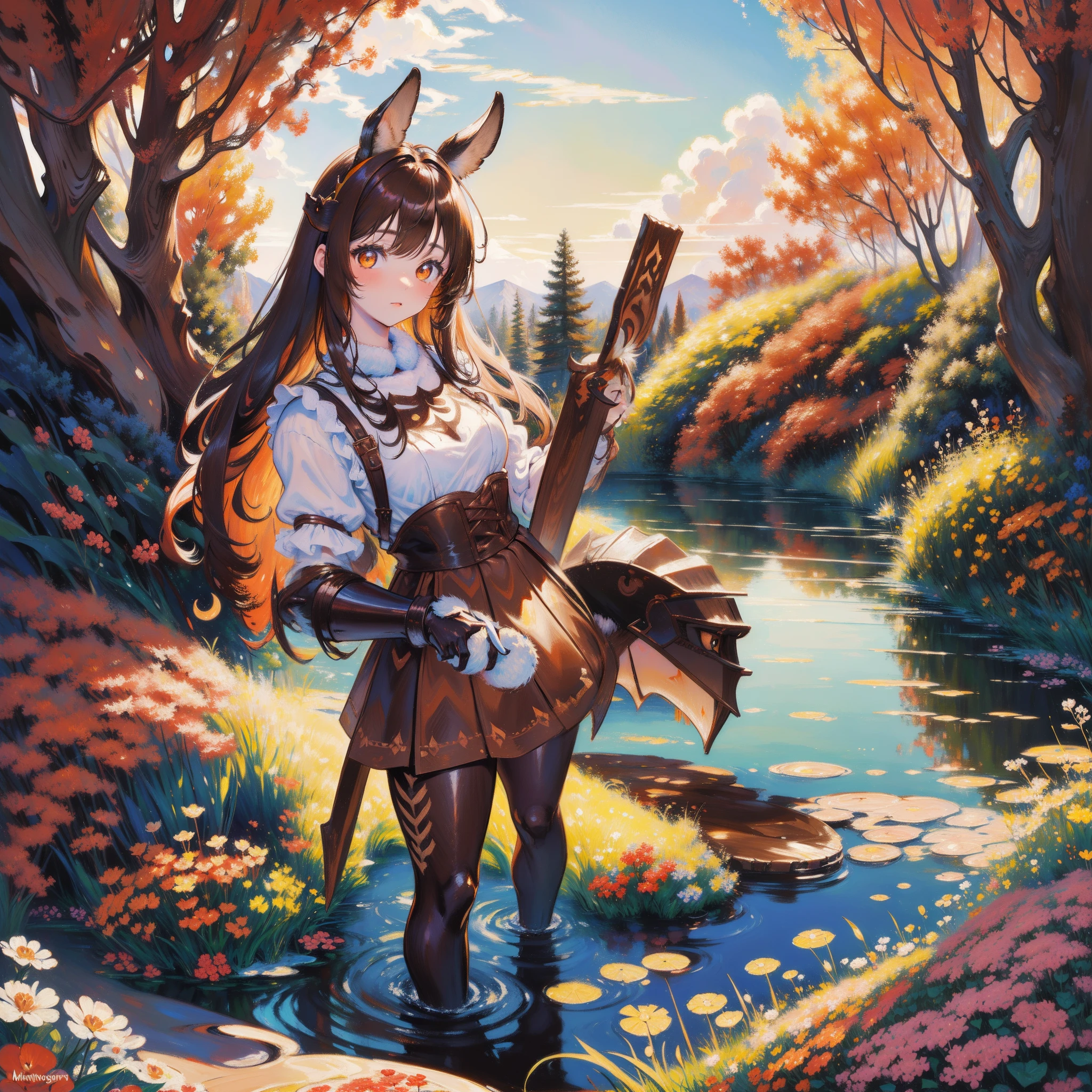 Rabbit Monster, covered in brown and dark brown fur, barbarian armor, wielding a morning star, long minotaur horns, best quality, masterpiece