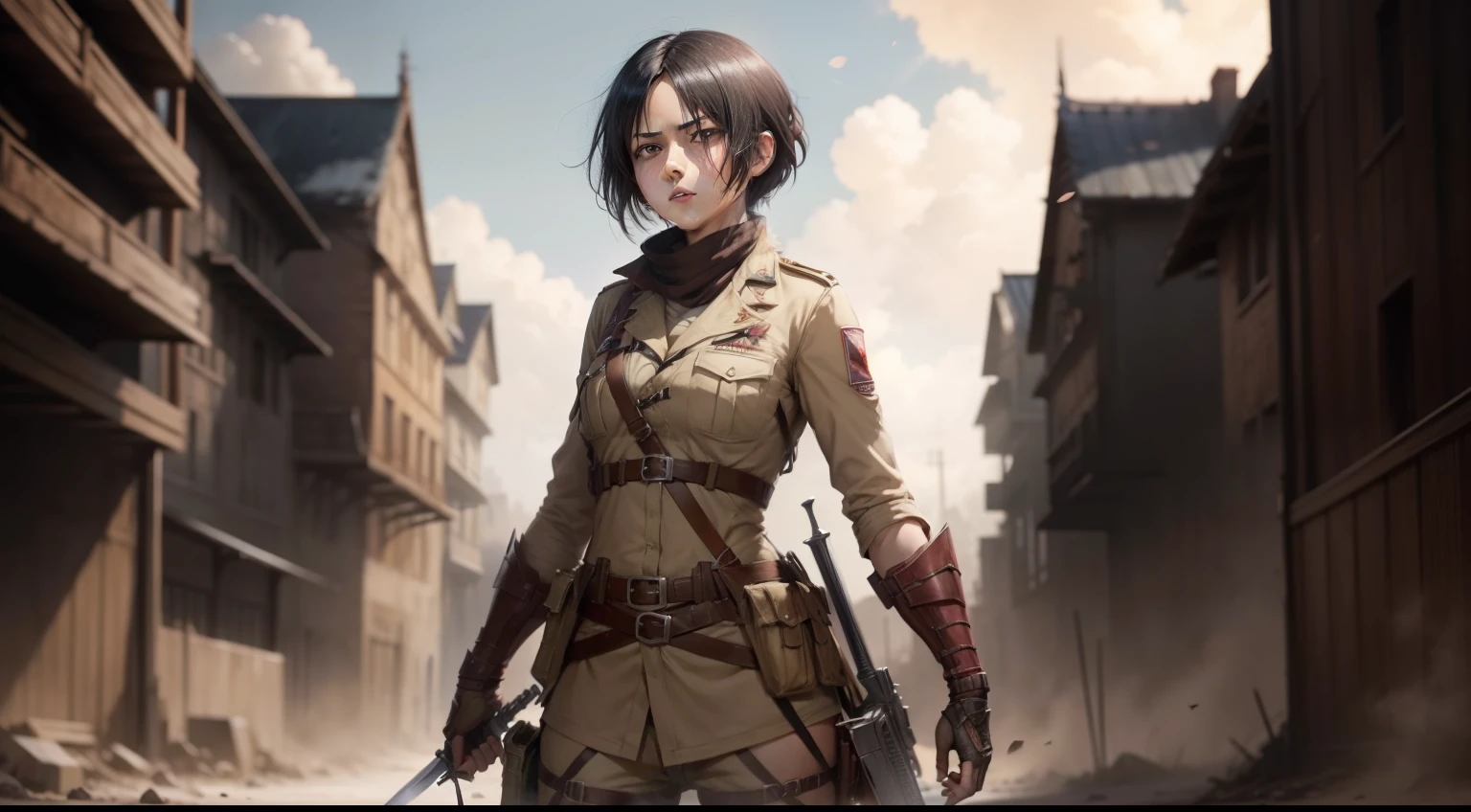Mikasa Ackerman in an Army Uniform, Attack on Titan, detailed fantasy art, Holding A Sword, stunning character art, fanart best artstation, beautiful armor, extremely detailed, detailed digital anime art, Anime, Manga, High Angle View