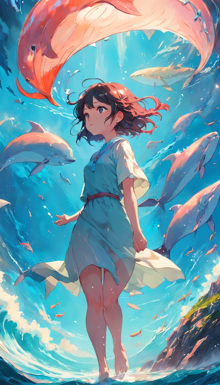 Pintura de um golfinho nadando no oceano colorido, Look up at the composition,sky whales, inspirado em Cyril Rolando, dreamy psychedelic anime, fundo colorido do filme anime, a beautiful artwork illustration, autor:Shitao, arte conceitual colorida, Makoto Shinkai Cirilo Rolando, ao estilo de Cyril Rolando, Baleia voadora, aquarela altamente detalhada 8k, Aquarela altamente detalhada 8 K,Octano,fim,Realistic,8k,Estilo Makoto Shinkai( Reasonable design, linhas claras, alta nitidez,best quality, Very detailed, master part, Efeito de luz do filme, 4k )