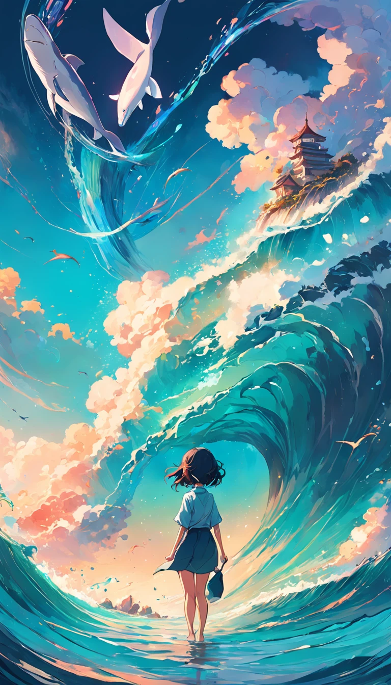 Pintura de um golfinho nadando no oceano colorido, Look up at the composition,sky whales, inspirado em Cyril Rolando, dreamy psychedelic anime, fundo colorido do filme anime, a beautiful artwork illustration, autor:Shitao, arte conceitual colorida, Makoto Shinkai Cirilo Rolando, ao estilo de Cyril Rolando, Baleia voadora, aquarela altamente detalhada 8k, Aquarela altamente detalhada 8 K,Octano,fim,Realistic,8k,Estilo Makoto Shinkai( Reasonable design, linhas claras, alta nitidez,best quality, Very detailed, master part, Efeito de luz do filme, 4k )